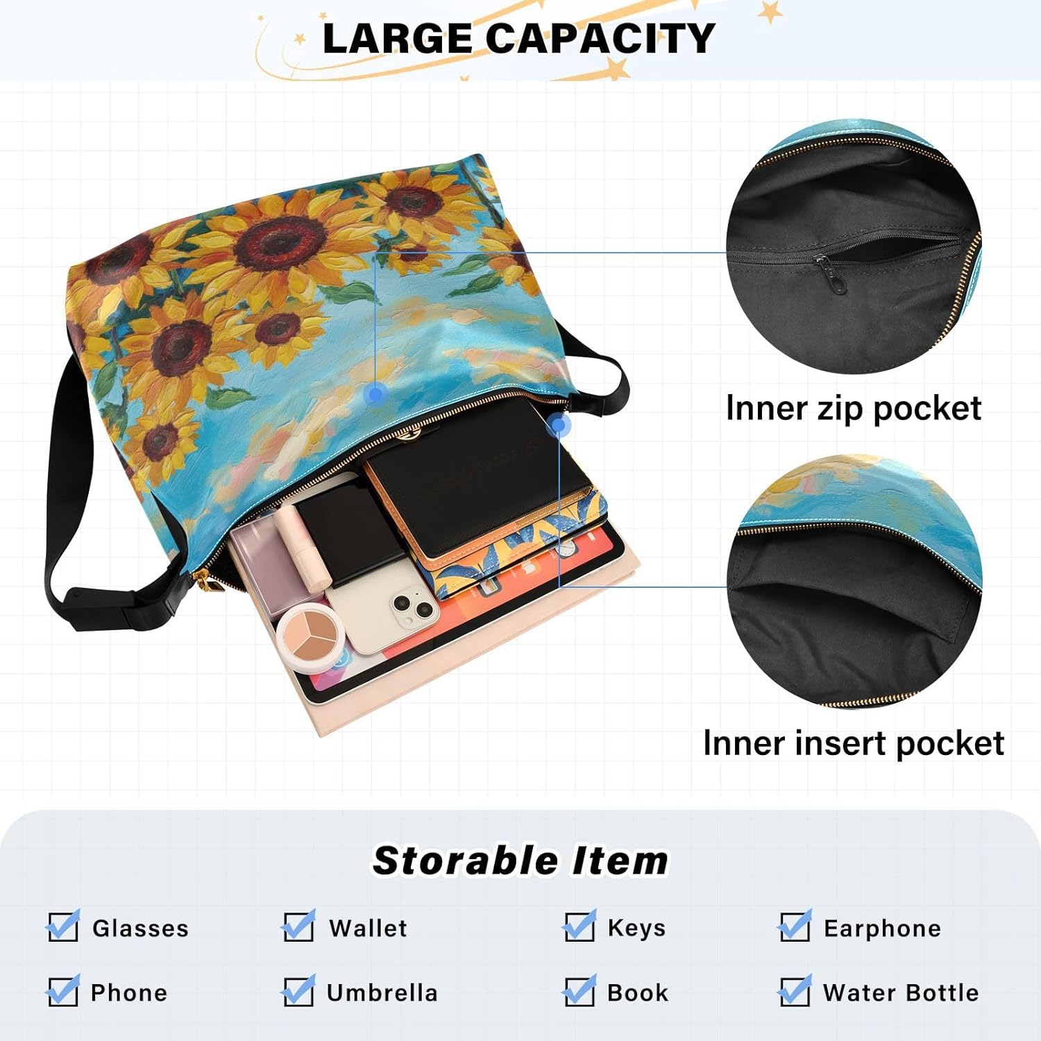 Waterproof Shoulder Handbags Sunflowers Sky Oil Painting Style Leather Crossbody Handbag Casual Tote with Zipper - Image 6