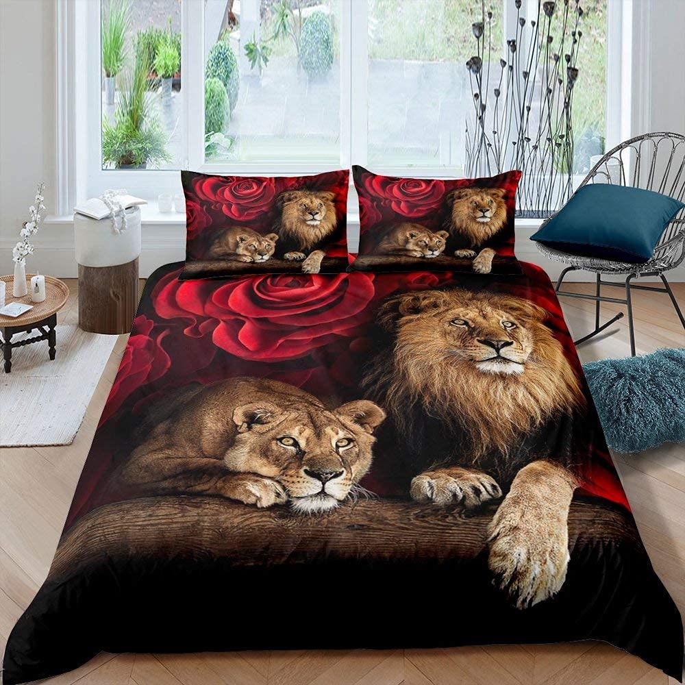 Lion Rose Duvet Cover Sets Single Size Animal Floral Print Comforter Cover Nature Theme Design Bedding Set For Kids Youth Adult Modern Brown Lion Quilt Cover Decor Room — image 1