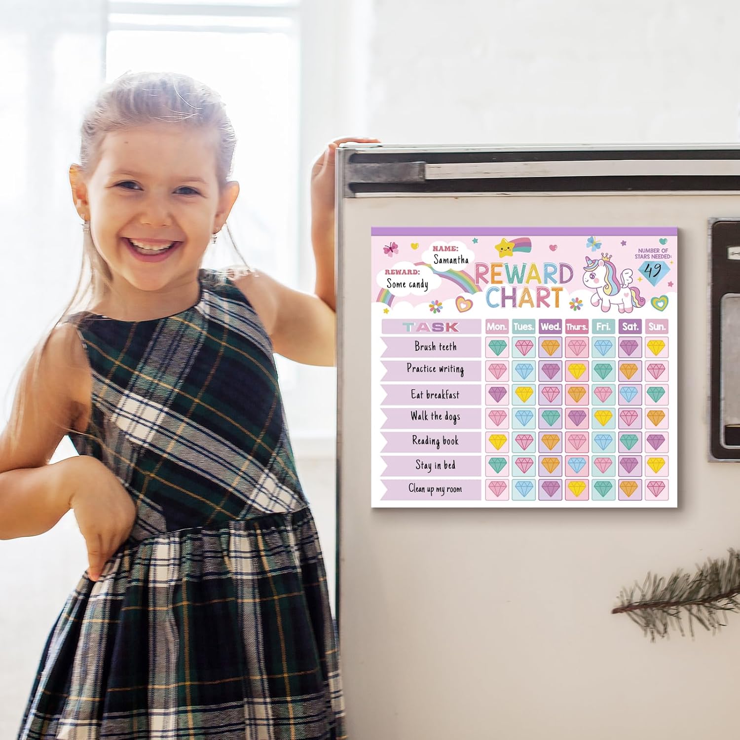 Reward Chart for Kids,Magnetic Behavior Chore Chart for Kids at Home,26 Little Hose Chore Charts,1960 Diamond Stickers,56 Reward Stickers,Incentive Chart to Develop Responsibility and Good Habits,Pink thumbnail