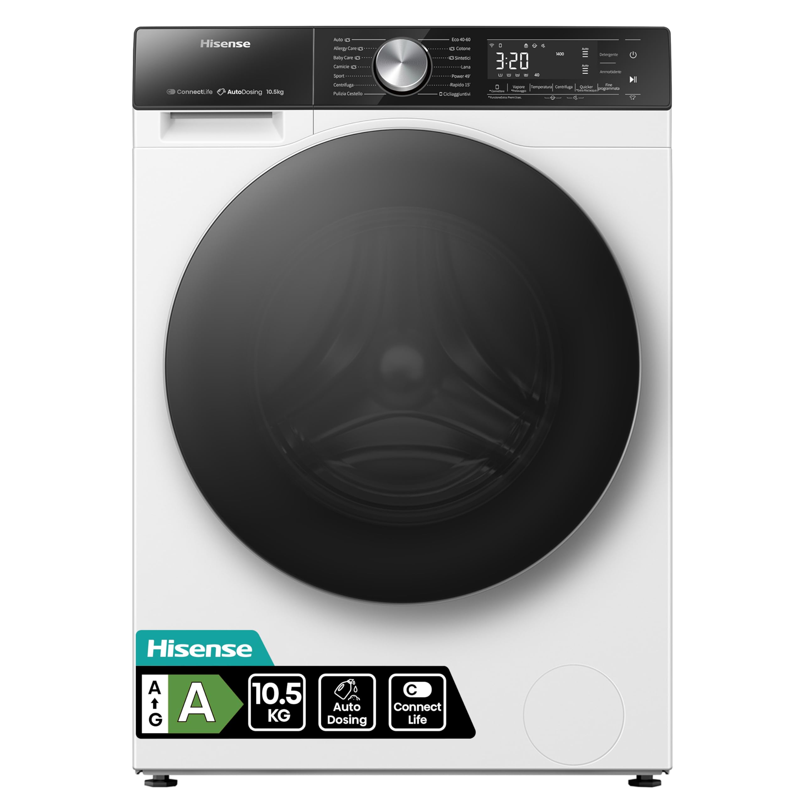 Hisense WF5S1045BW - Lavatrice a Carica Frontale 10,5 Kg, 1400 rpm, 15 Programmi, Autodose, Connectivity, Vapore, Display Touch, Porta doppio vetro, Programma Rapido, Partenza Ritardata, Child Lock