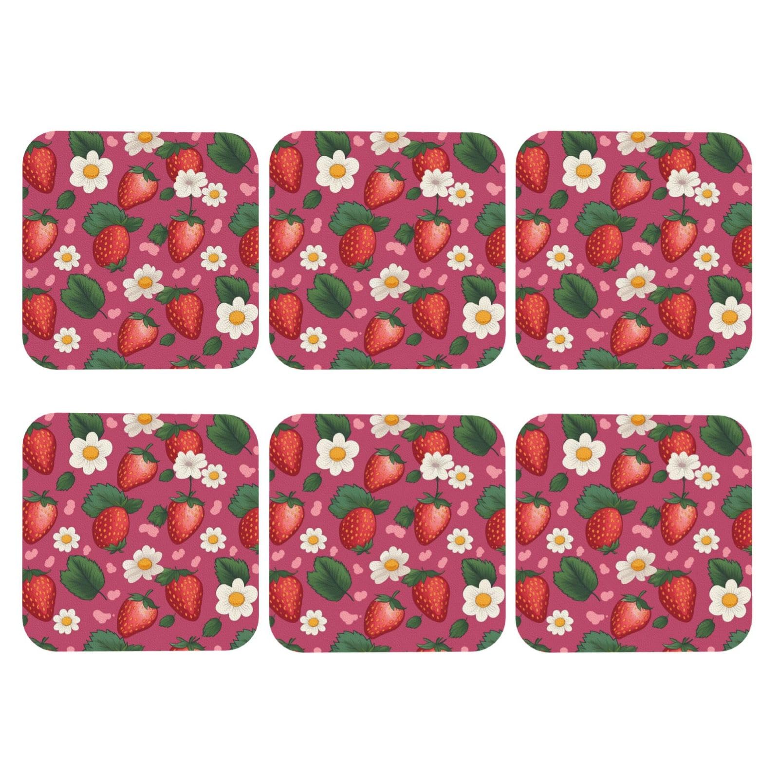 6pcs Leather Coasters for Drinks, Strawberry Drink Coasters for Tabletop Protection, 4" Cup Coasters for Coffee Table Decor, Non-Slip Drinking Cup Mat for Hot Or Cold Drink
