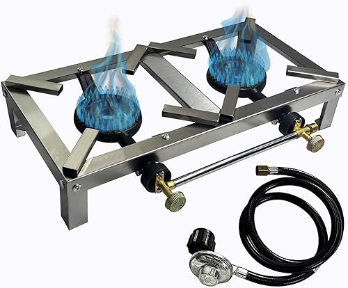 LetFeng - Estufa de campamento de doble quemador portátil de doble quemador para exteriores, estufa de gas de acero inoxidable doble propano al aire