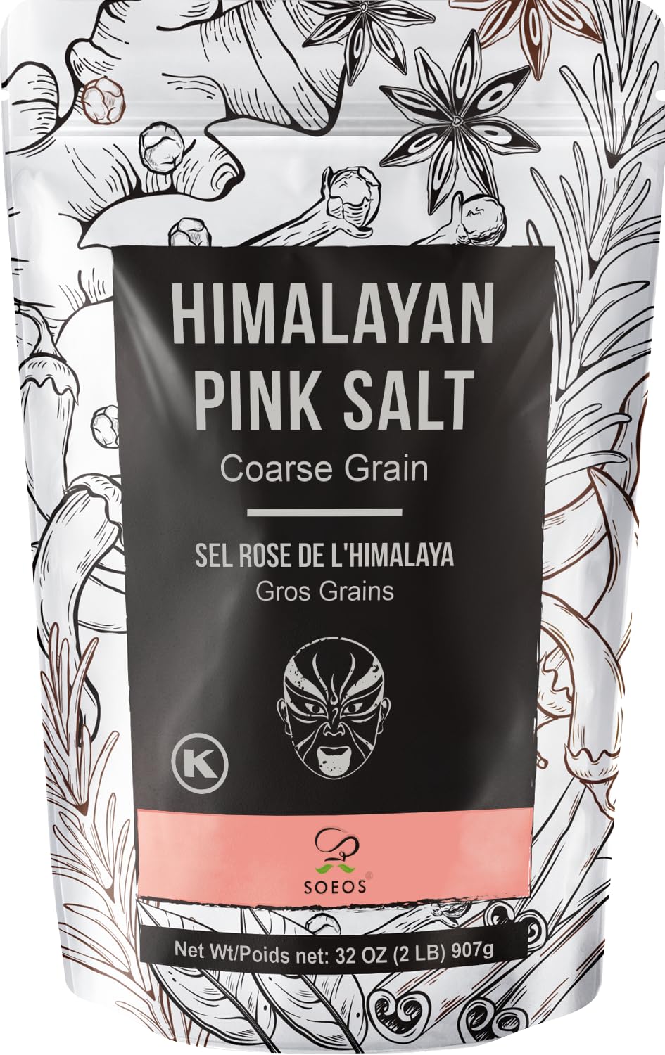 SoeosHimalayan Pink Salt, Coarse Grain, 2 Pound (32 Oz), Pink Himalayan Sea Salt, Himalayan Salt Coarse Salt, Pink Salt for Grinder Refill, Kosher & Natural Certified, Healthy