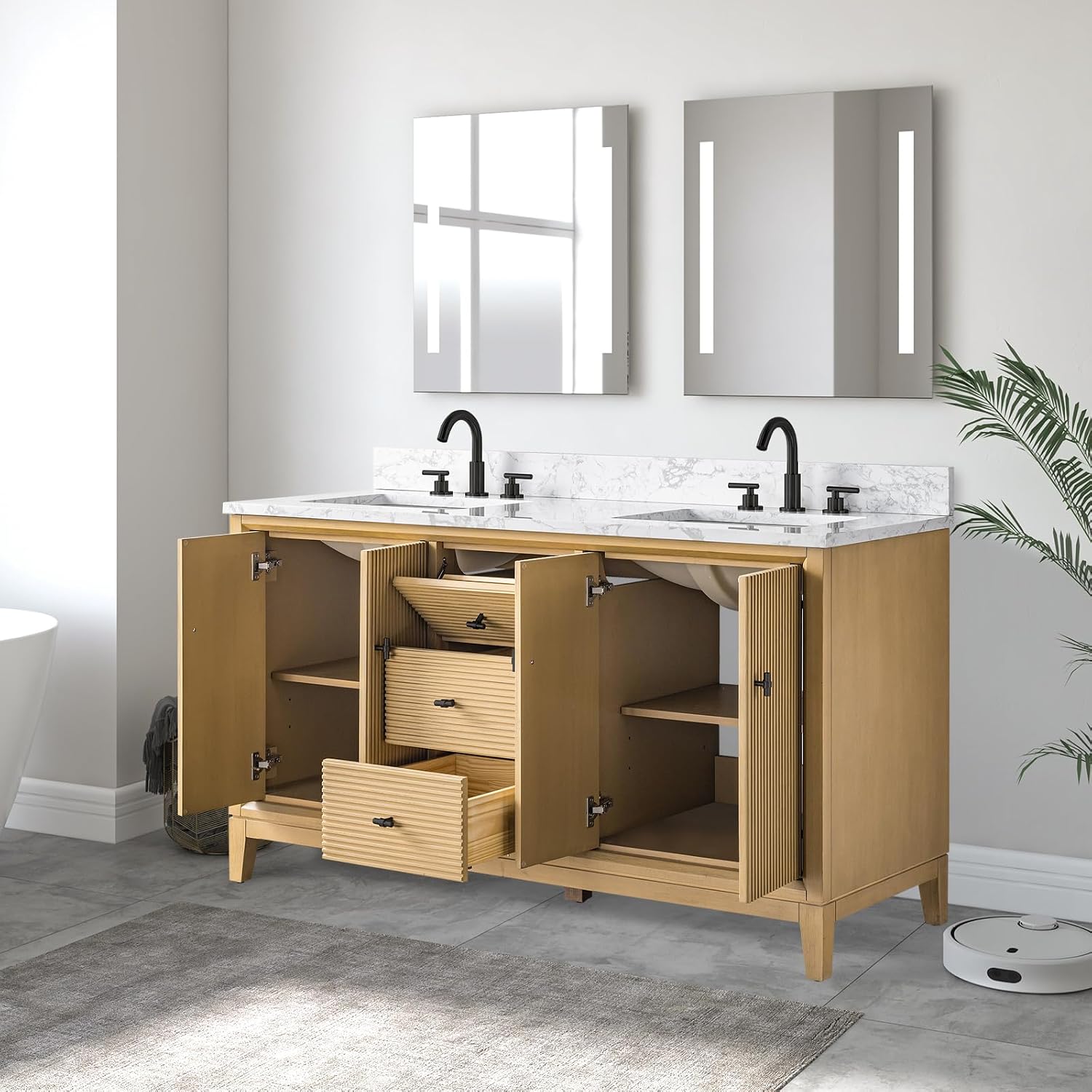 Vanity Art 60" Bathroom Vanity with Double Sink & Arabescato White Engineered Stone Top, Vanity Cabinet with Soft Closing Door, Solid Wood Frame, Matte Black Handles, Natural Oak VA8160D-NO-MB