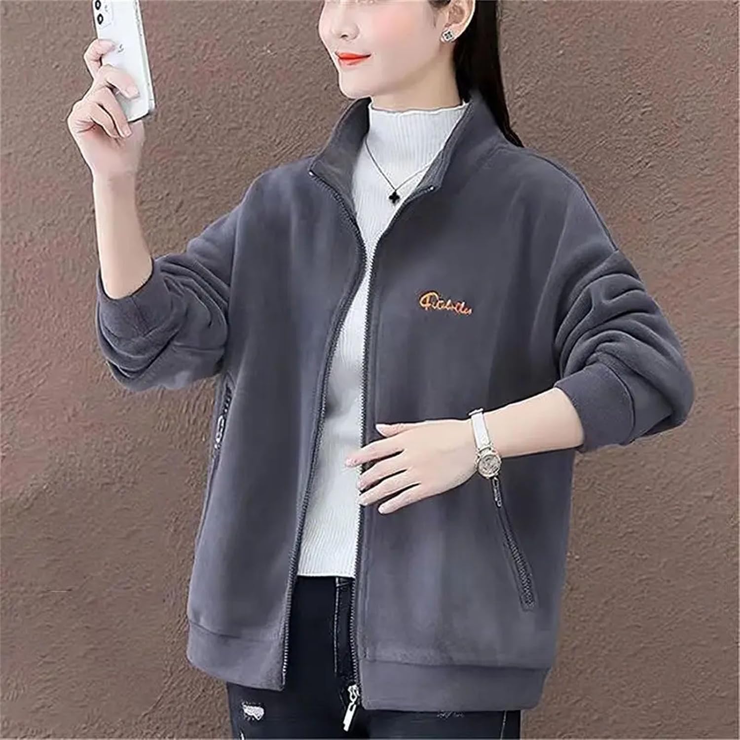 Double Sided Polar Fleece Warm Coat Women Zipper Outdoor Running Sports Cardigan Printing Letter