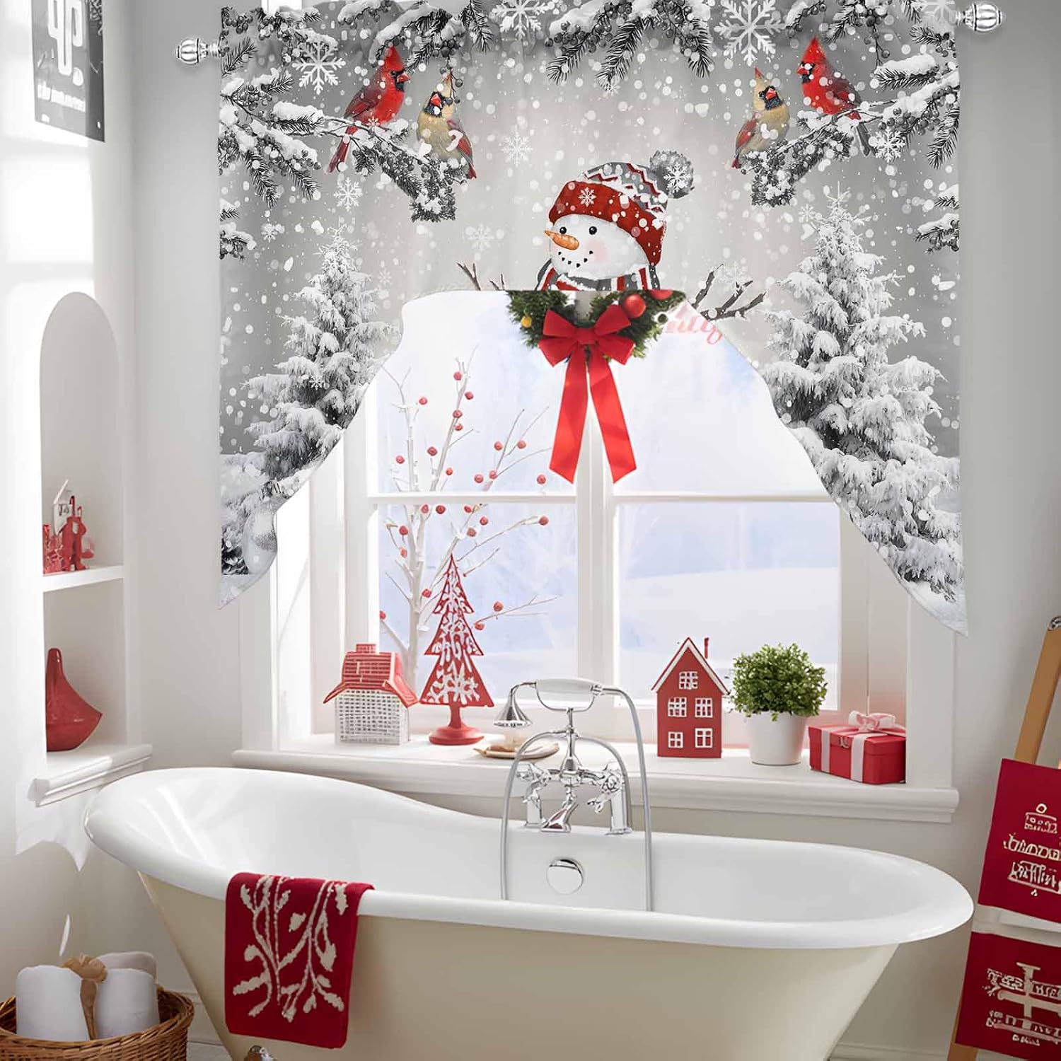Christmas Snowman Swag Valances for Windows, Grey Snowflake Cardinals Birds Swag Kitchen Curtain Valances Xmas Withered Tree Rod Pocket Small Window Curtain for Cafe Bathroom Bedroom Drapes 56"x36"