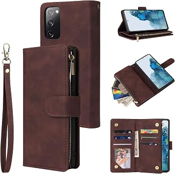 UEEBAI Wallet Case for Samsung Galaxy S20 FE 5G, Premium Vintage PU Leather Magnetic Closure Handbag Zipper Pocket Case Kickstand Card Holder Slots with Wrist Strap TPU Shockproof Flip Cover - Coffee