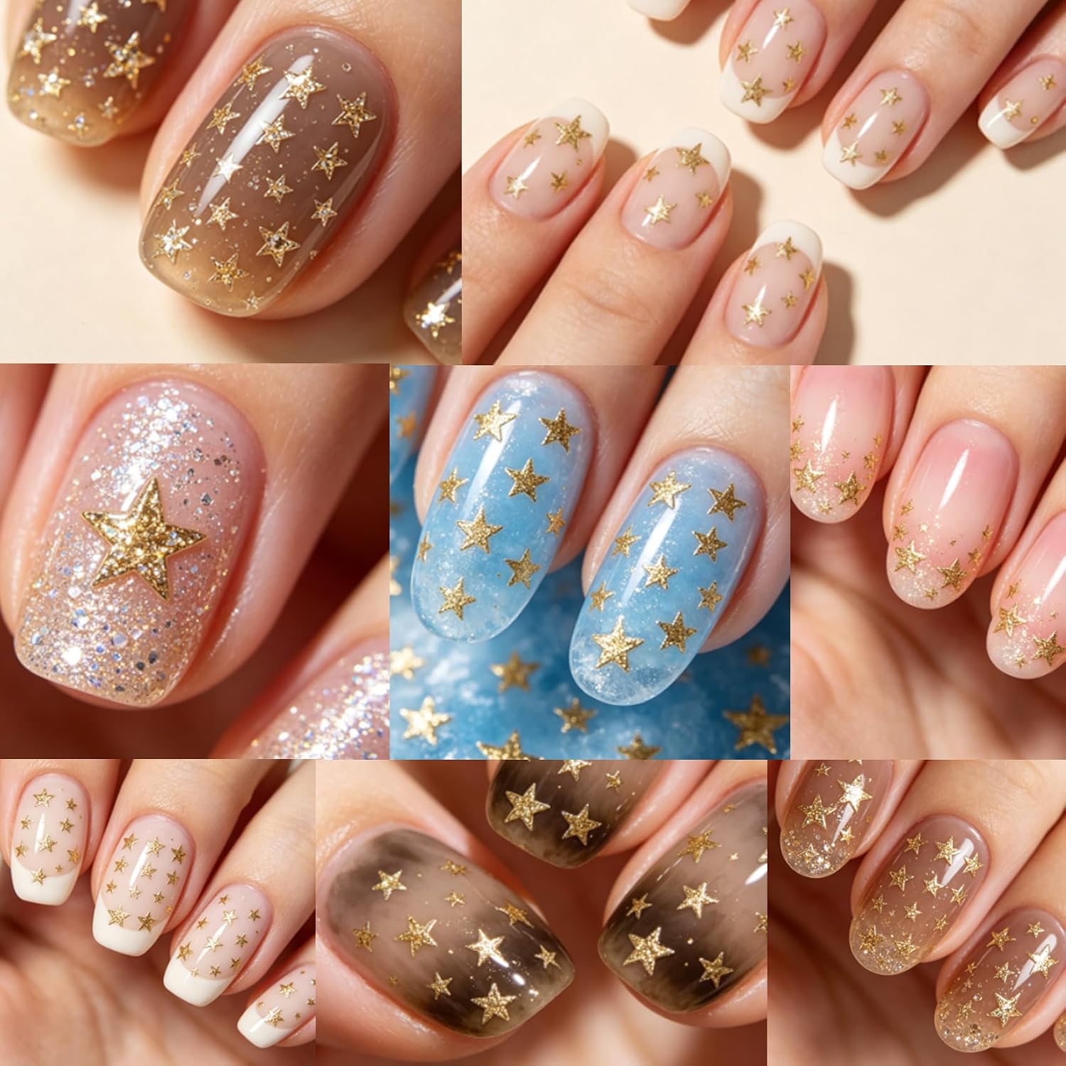 2 Sheets Star Nail Stickers, 3D Self-Adhesive Holographic Laser Art Stickers for Women's Nail Design (2, Gold)