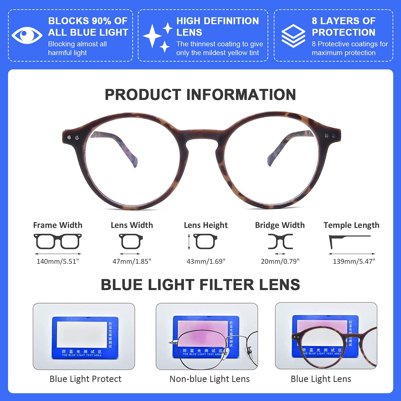 DOOViC Glasses/Eyeglasses No Magnification Blue Light Blocking Round/Tortoiseshell Frame Spring Hinge for Women/Men - Image 2
