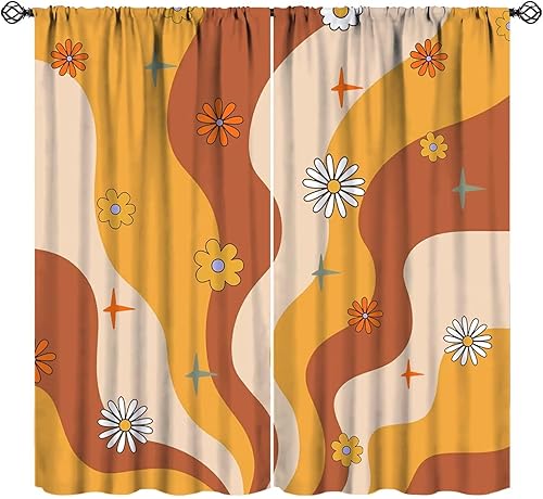 JESTRONRY Cortina hippie retro vintage, estilo Groovy de los años 70 a 80, diseño floral hippie de verano, decoración del hogar, cortinas opacas con