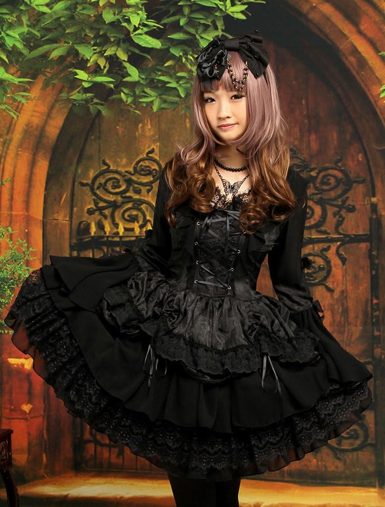 Hugme Gothic Black Chiffon Jacquard Cute Lolita One-Piece