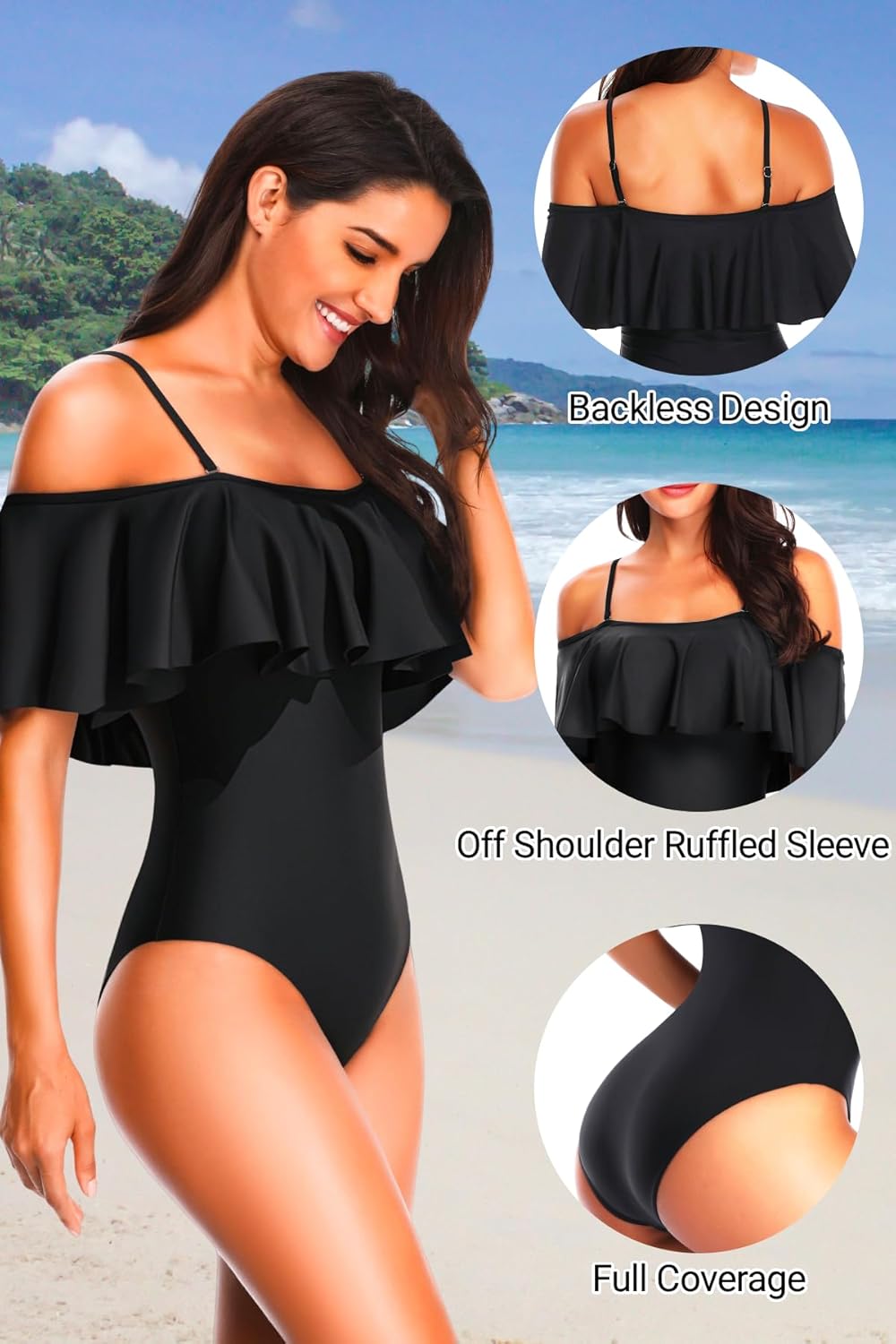 Tempt Me Women's One Piece Swimsuit Vintage Off Shoulder Ruffled Bathing Suits