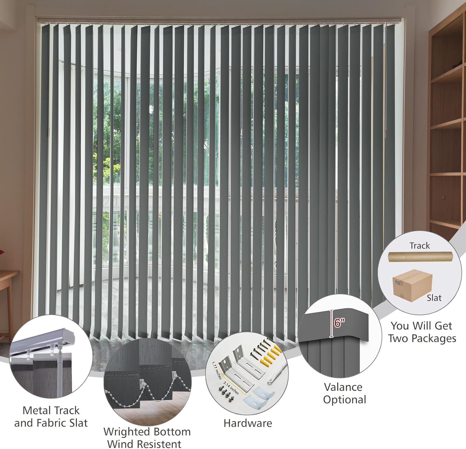 Cordless Custom No Drill Vertical Blinds for Home, Room Divider, Sliding Glass Doors, Temporary Wall, Closet Curtain, Privacy and Filter Light, Woven Dark Grey