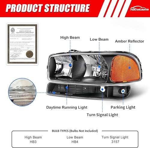 Miniatura 2 de Conjunto de faros delanteros compatible con GMC Sierra 1500 2500 350000-06 GMC Yukon 1999-2006, carcasa negra con reflector ámbar, repuesto
