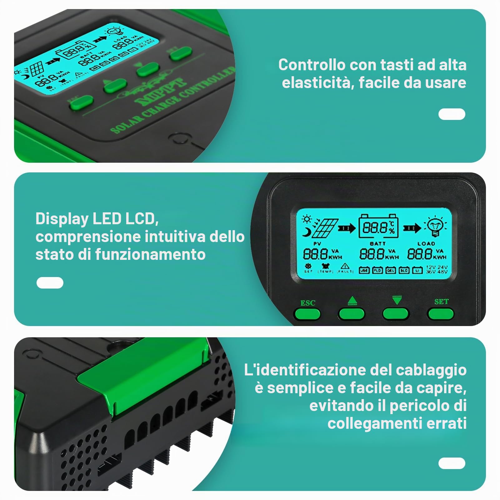 BuyWeek Regolatore di Carica MPPT 40A/60A, Regolatore di Carica MPPT Auto Paremeter Regolabile con Display LCD, Regolatore Pannello Solare Ingresso 100/180VDC for AGM Gel e Batteria al Litio 12V 24V 3