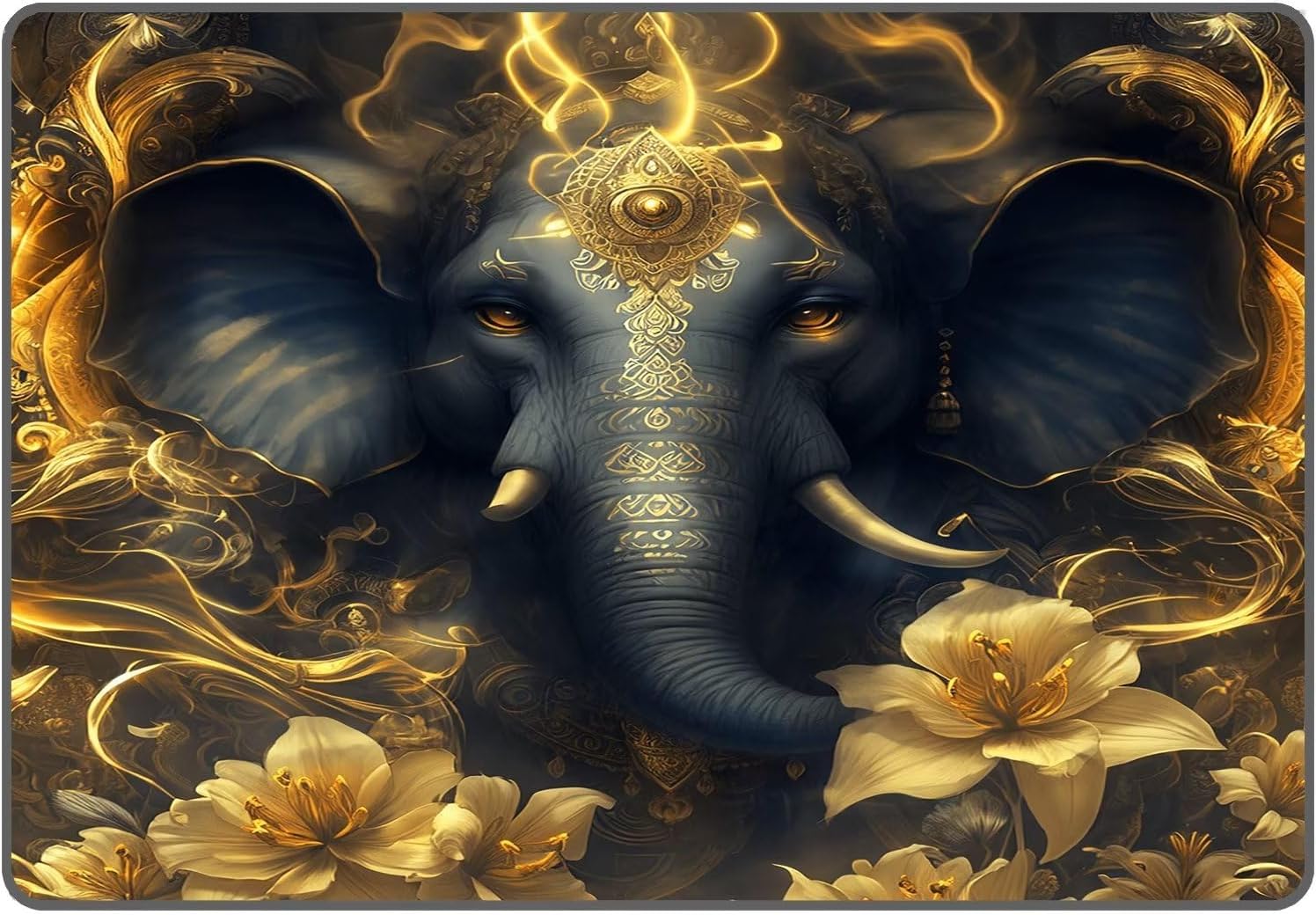 5' x 7' African Elephant Area Rug Opulent Gold Flowers Rugs for Living Room Bedroom Office Non-Slip Washable Indoor Floor Mat Doormat Throw Rugs Carpet 150x210cm