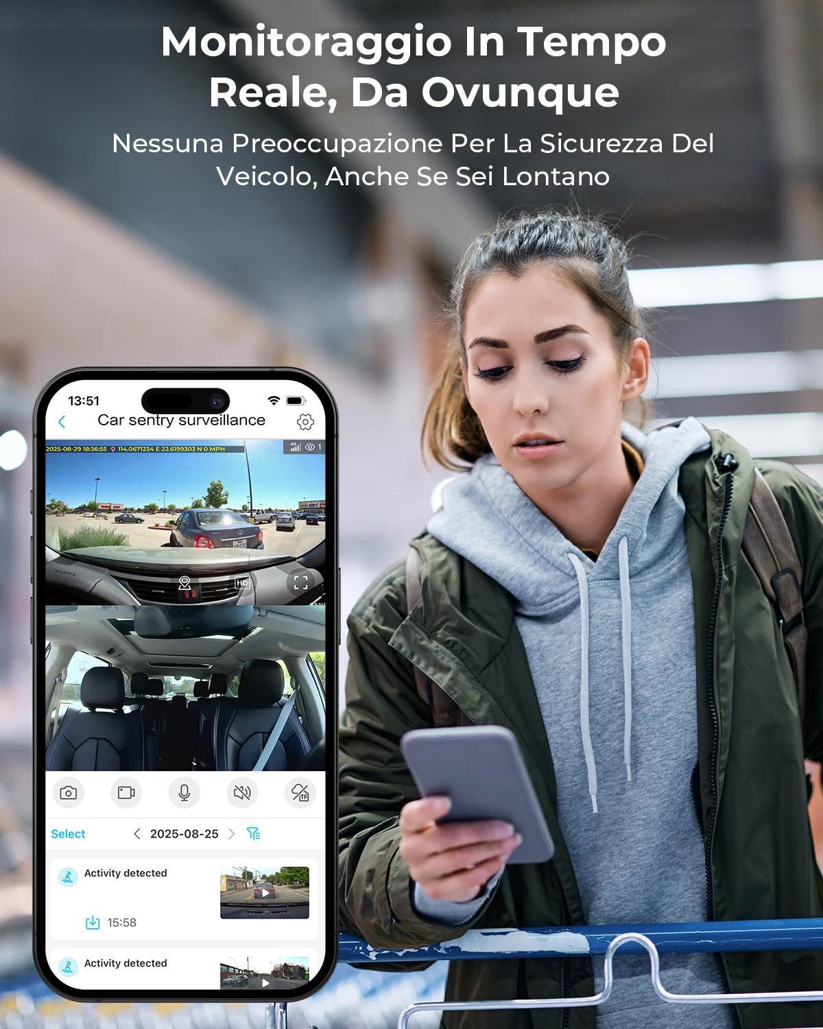4G LTE Dash Cam Telecamera per Auto Anteriore e Posteriore 2K/1080P, con 24/7 Modalità Parcheggio, GPS, OBD, Sensore G, APP Alert, Visione Notturna, Audio Bidirezionale, Scheda SD 32GB Inclusa