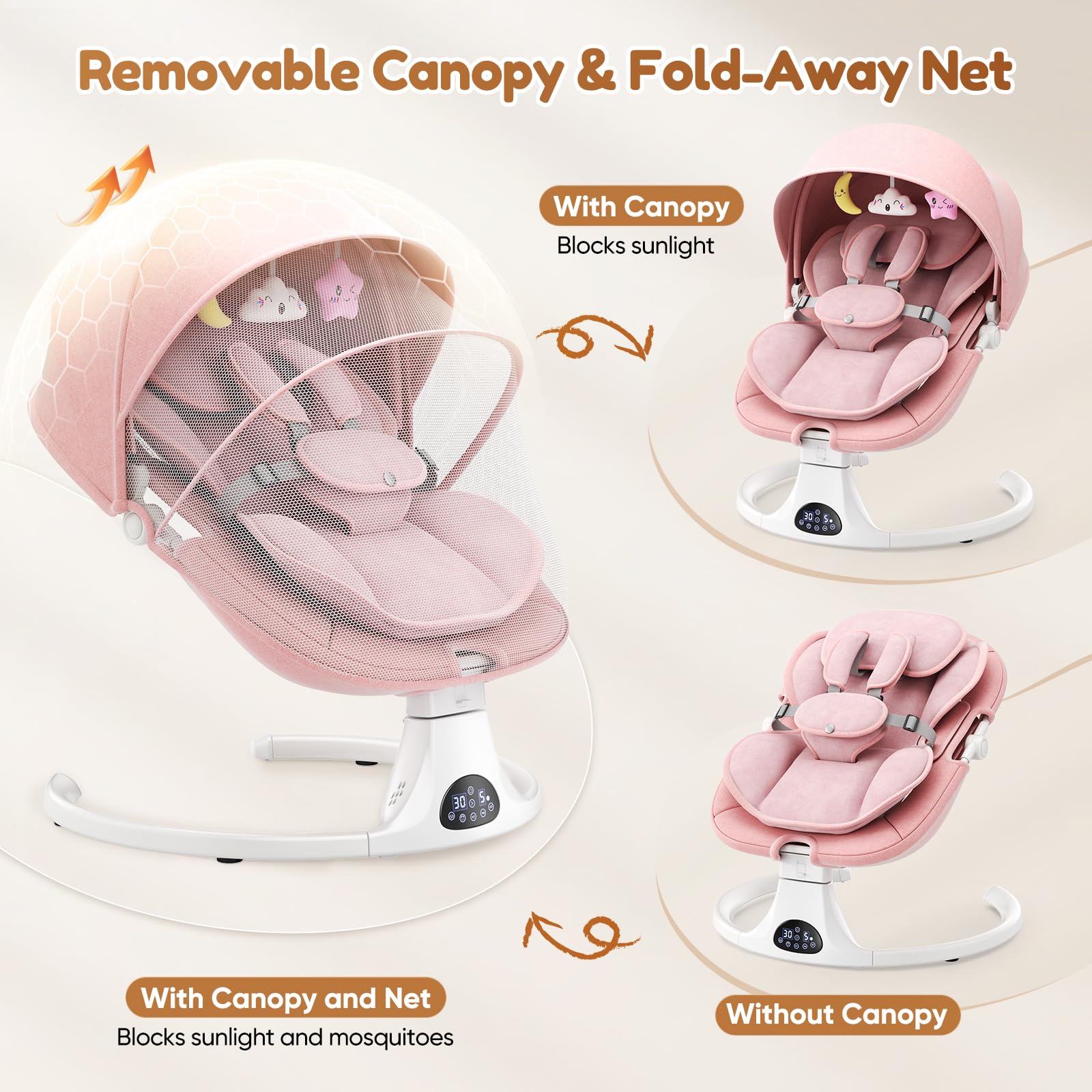 Balançoire électrique pour bébé, 5 positions de balançoire, 3 positions | Musique Bluetooth, télécommande, 10 berceuses, harnais 5 points, siège et auvent en maille, design portable pour la maison et