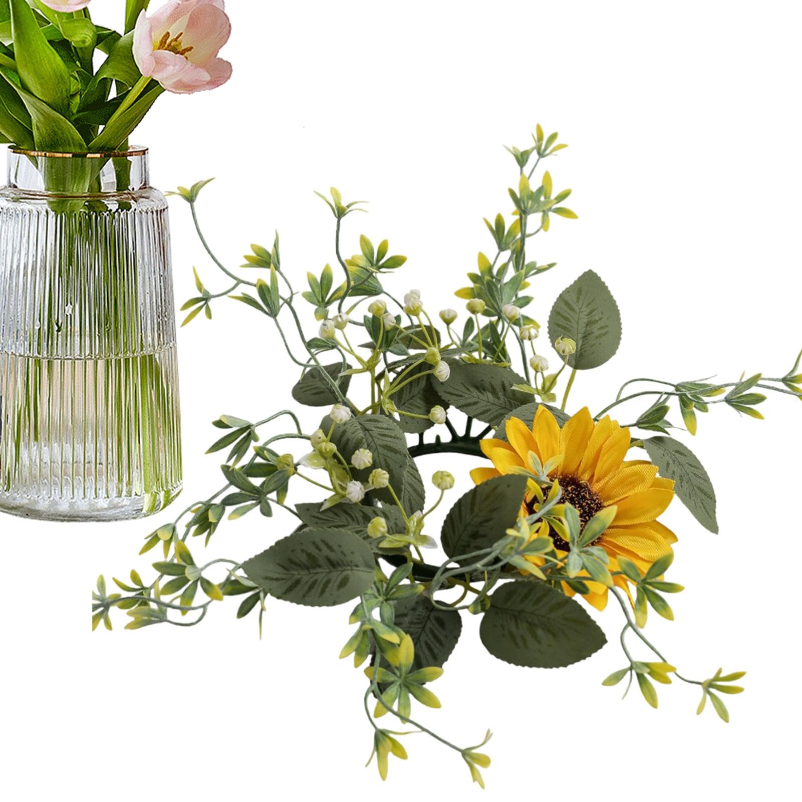 Shitafe Candle Rings For Pillars,9Inch Artificial Floral Candle Ring | Artificial Floral Candle Ring, Sunflower Wreath For Door Wall Window Decor, Tabletop Decoration