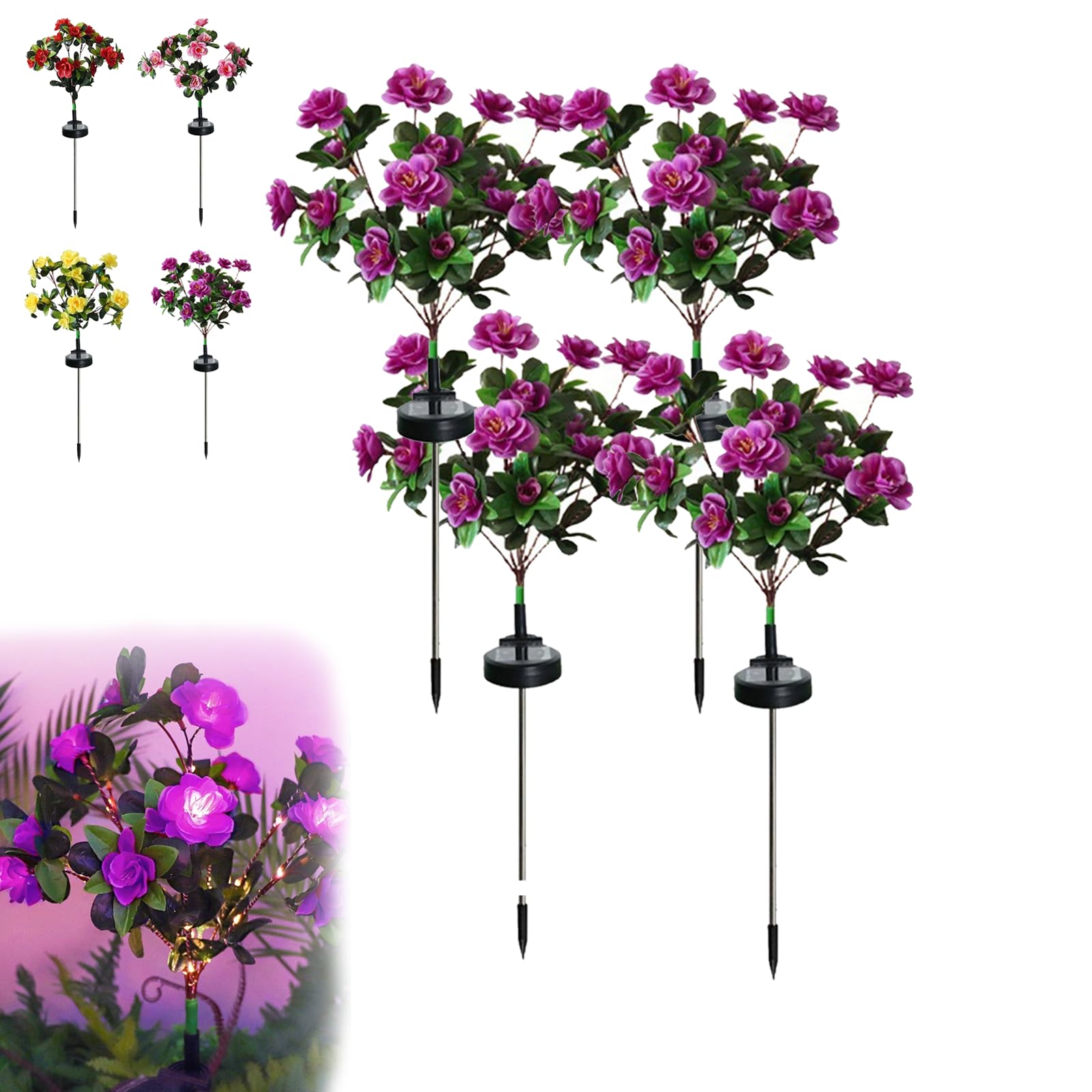 Dawhare Memorial Garden Bloom Lights – Featuring Ultra-Realistic Artificial Petals, Solar Azalea Flowers Light, Outdoor for Yard Patio Pathway Lawn Fence Cemetery (Purple-4pcs, Colorful Light)