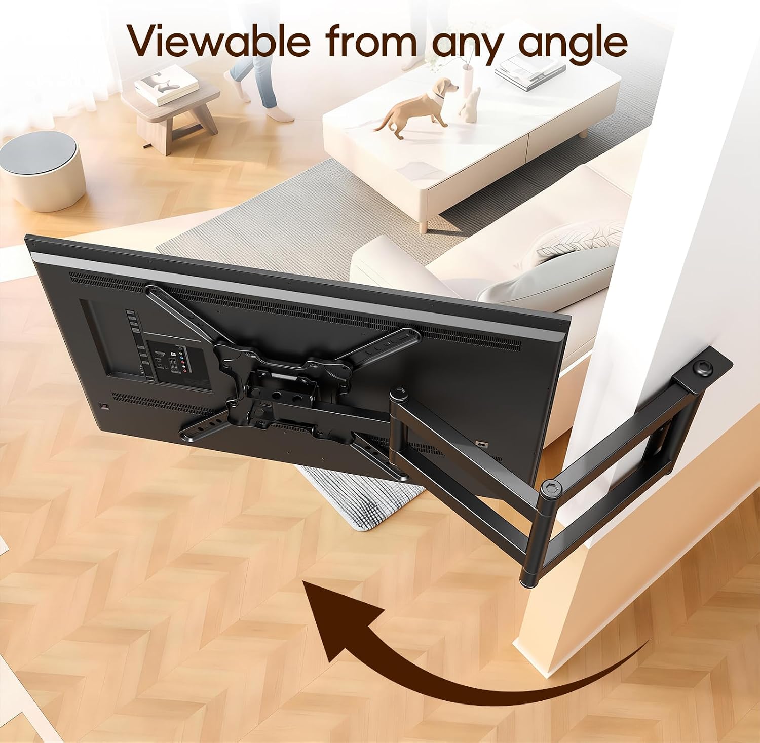 Image showing the TV mount installed in a corner, allowing for viewing from any angle