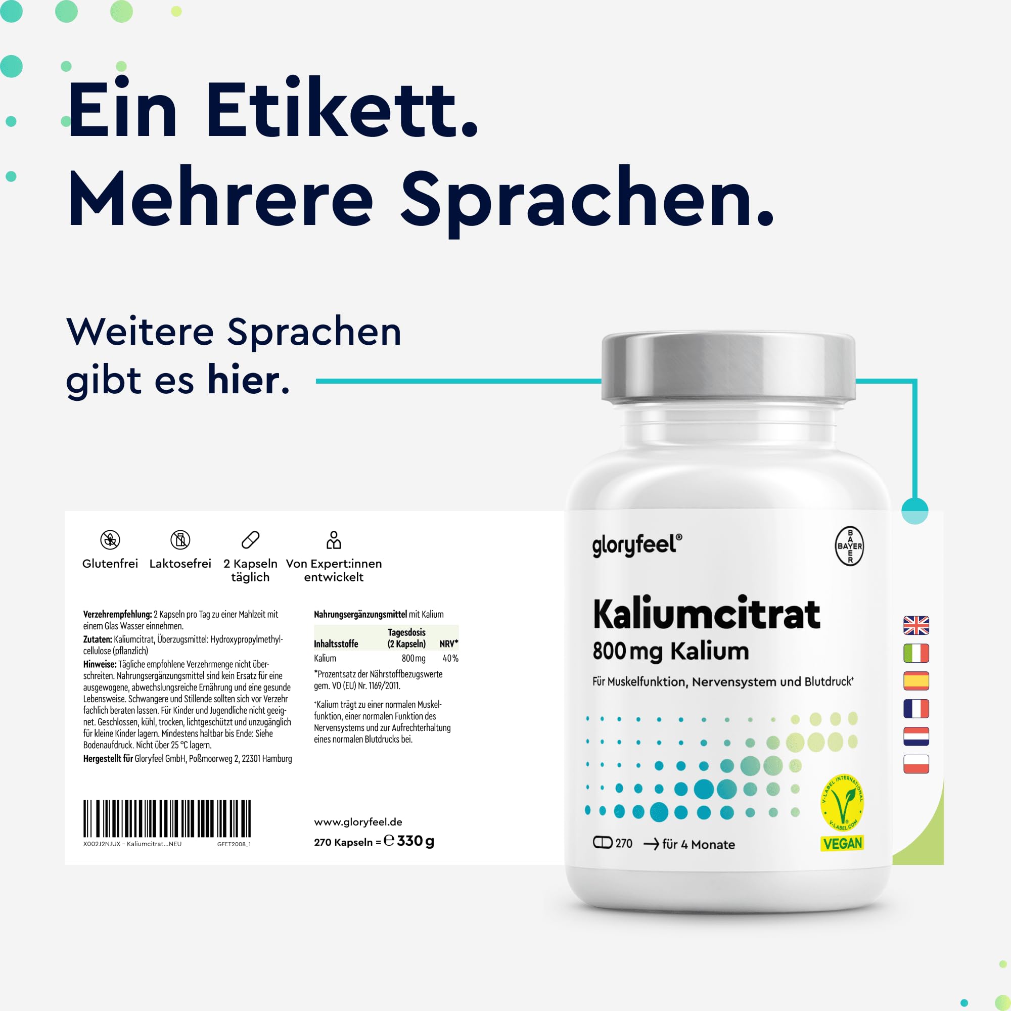 Kalium 270 Kapseln (+4 Monate) - 800mg elementares Kaliumcitrat hochdosiert - für Blutdruck, Muskelfunktion und Nervensystem * - vegan, laborgeprüft & ohne Zusätze - in Deutschland entwickelt