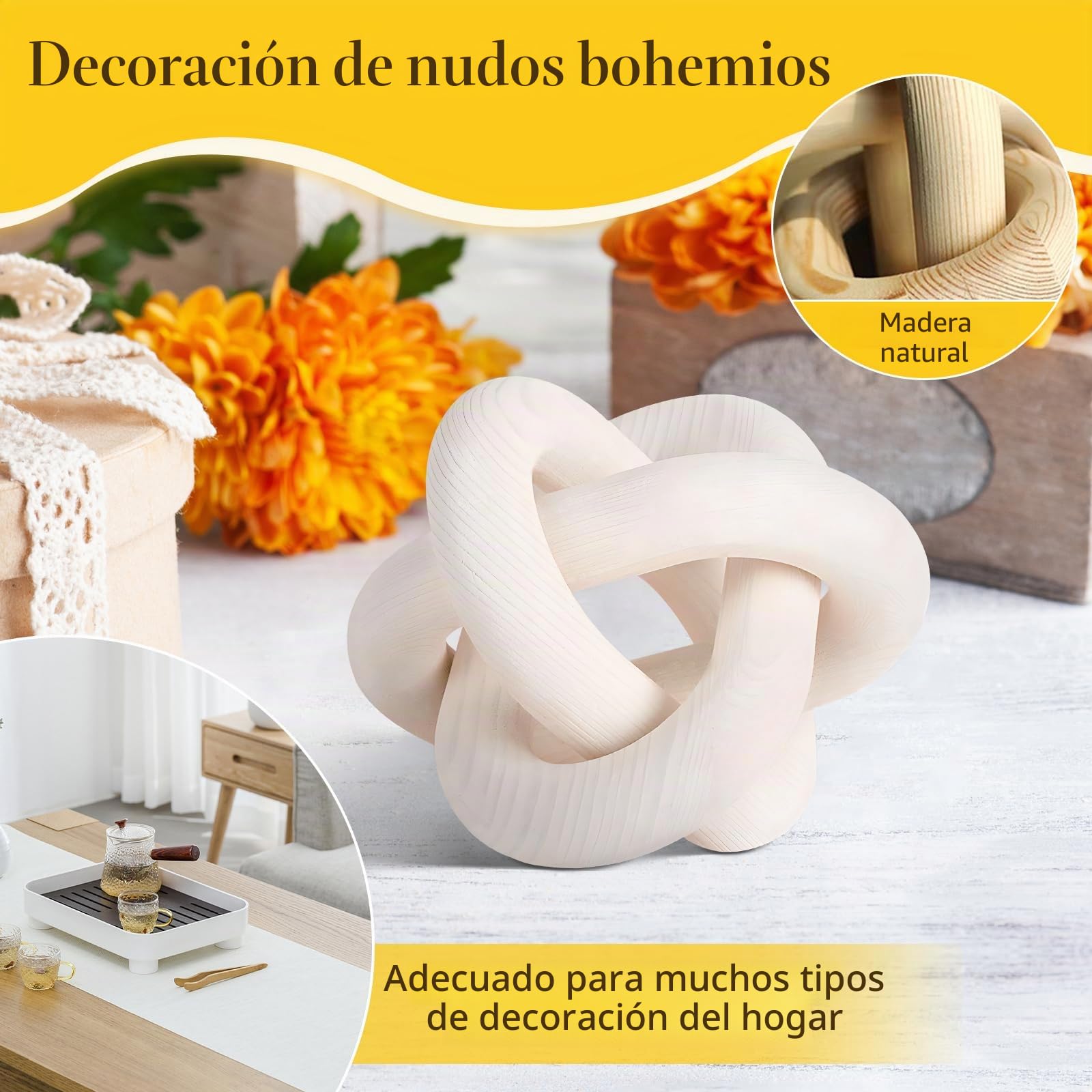 F Fityle Bohemio Eslabón de la Cadena de Madera Nudo Escultura Decoración Pieza Central de Madera Artesanía Estante Decoración Decorativo para Chimenea Fiesta, Beige