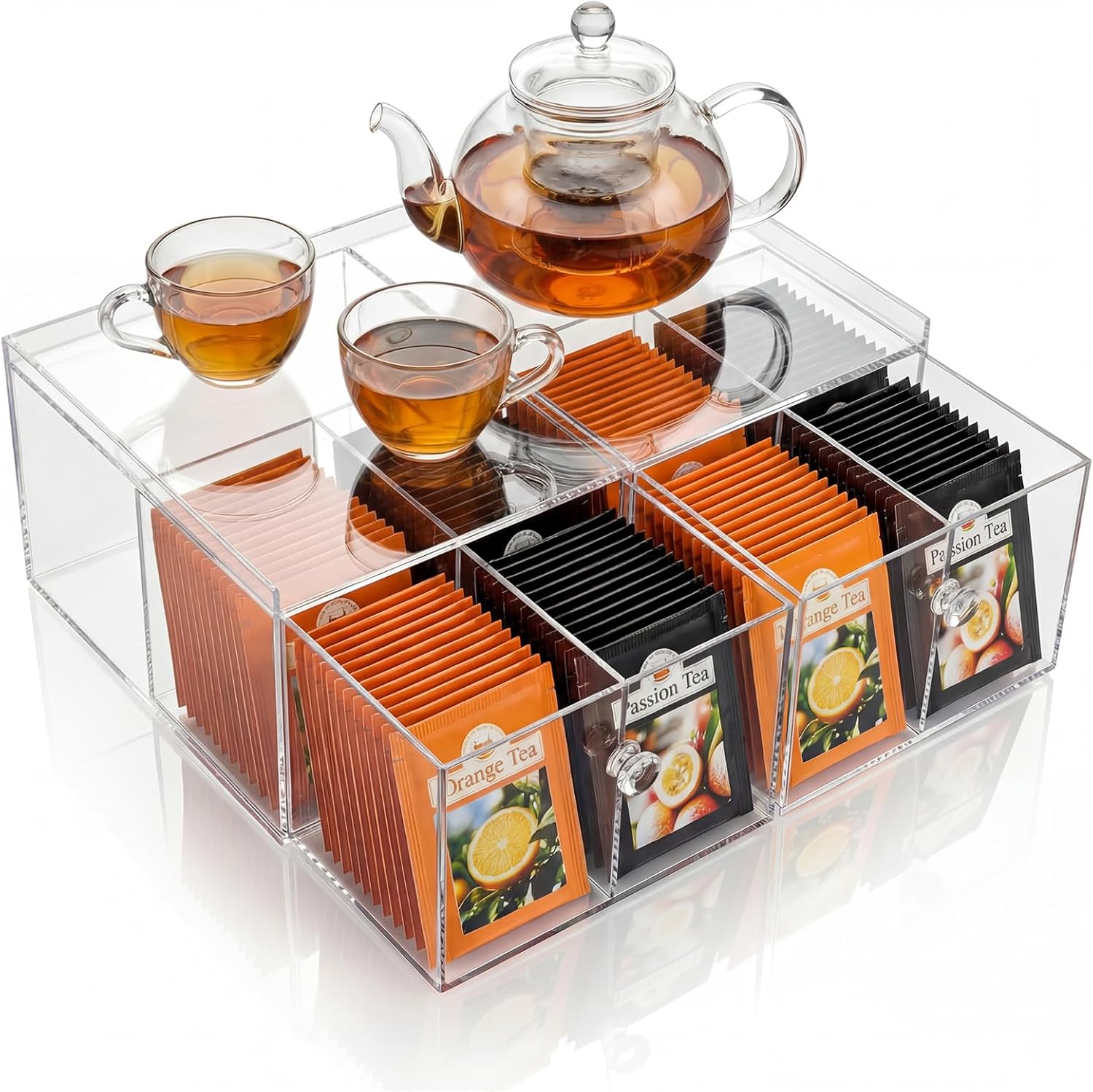 Novabright Large Acrylic Tea Bag Drawer Organizer and Storage, 8 Grids, Clear Tea Holder Organizer with Handle for Office, Kitchen Countertop, Cabinet, Pantry, Well Organized Drink Packet Storage