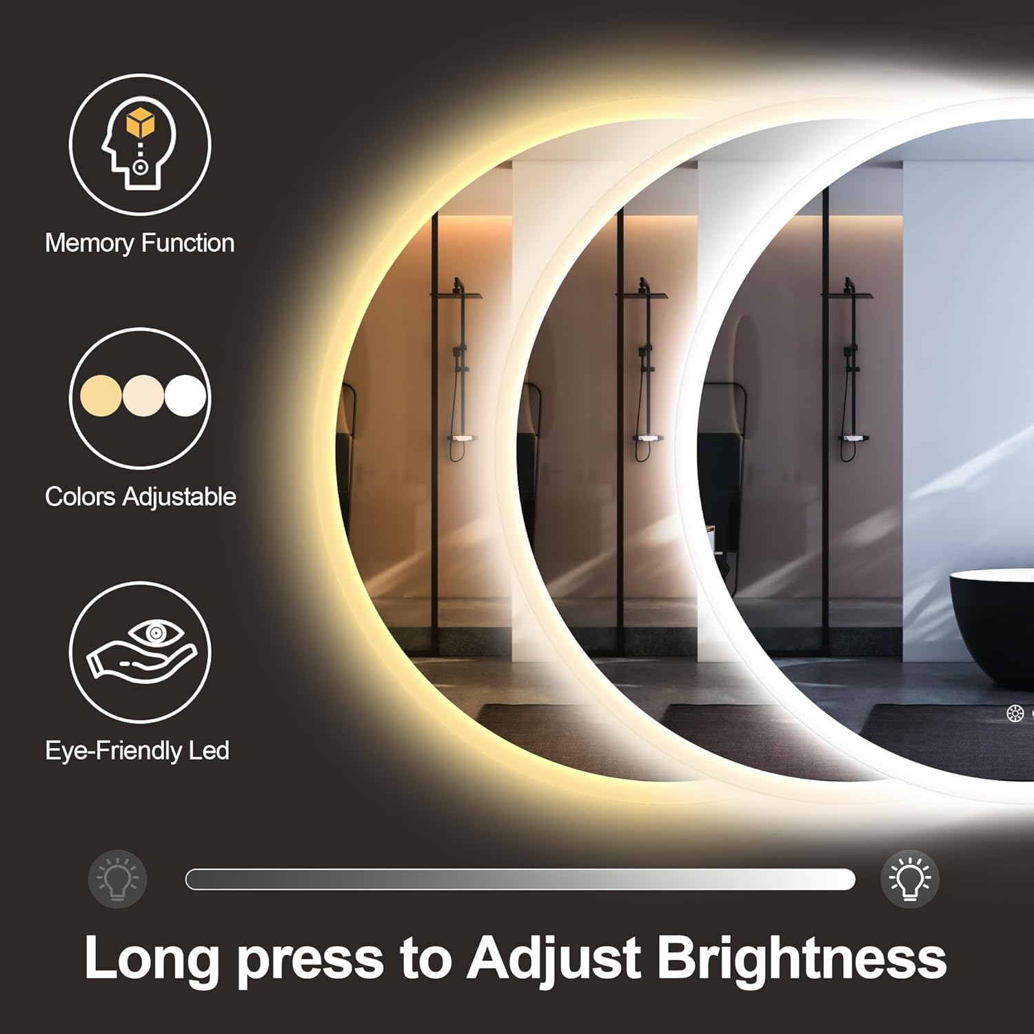 S·BAGNO 24'' Round Bathroom Mirror with Lights, LED Bathroom Vanity Wall Mirror with Anti-Fog, Stepless Dimmable, 3 Colors, Tempered Glass Lighted Vanity Smart Mirror for Bathroom(No Bluetooth)