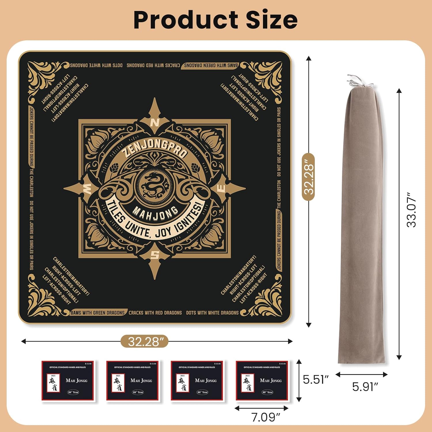 Premium 32.4x32.4 Inch Mahjong Mat Non-Slip Rubber Backing, Waterproof Surface, Noise Reducing Play Mat for Mahjong, Poker, Board Games, Cards | Foldable & Durable Polyester Design Black