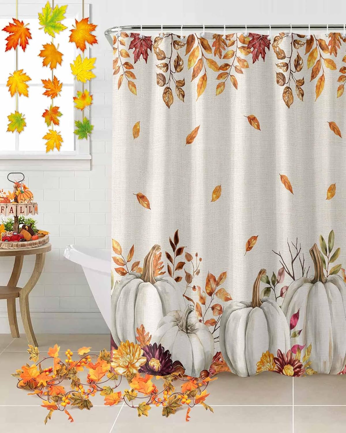 Shower Curtain Bathroom Set Thanksgiving Pumpkin Fall Orange Maple Leaf Watercolor Waterproof Shower Curtains with Grommets Hooks Vintage Linen Privacy Bath Curtain for Bathtub Decor 60x72in