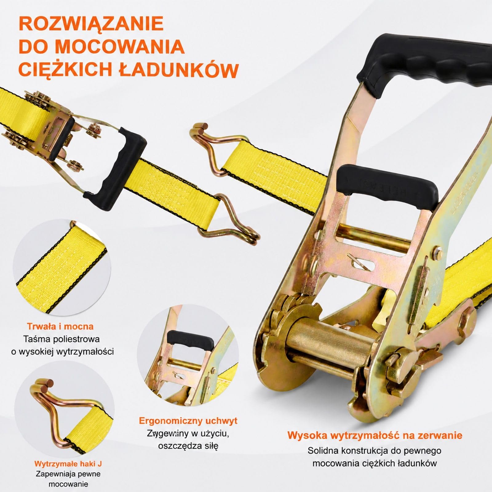 Zestaw 4 pasów mocujących z grzechotką, taśma poliestrowa i podwójne haki J ze stali węglowej, do motocykla roweru kajaka łodzi ATV UTV