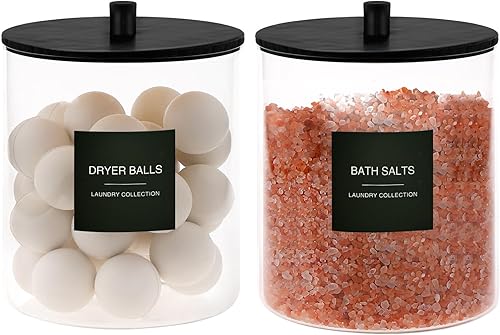 Miniatura 4 de Paquete de 3 tarros de vidrio y soporte acrílico para secadora, contenedor de cápsulas de lavandería con tapa de bambú y tazas medidoras para