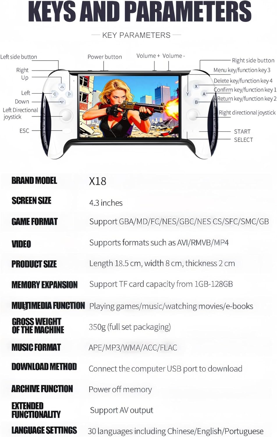 4.3 inch HD Screen Handle Appearance Retro Video Game Console Multiple Emulators Portable Handheld Gaming Device MP3/MP4 Birthday Home/Outdoor/Travel Entertainment