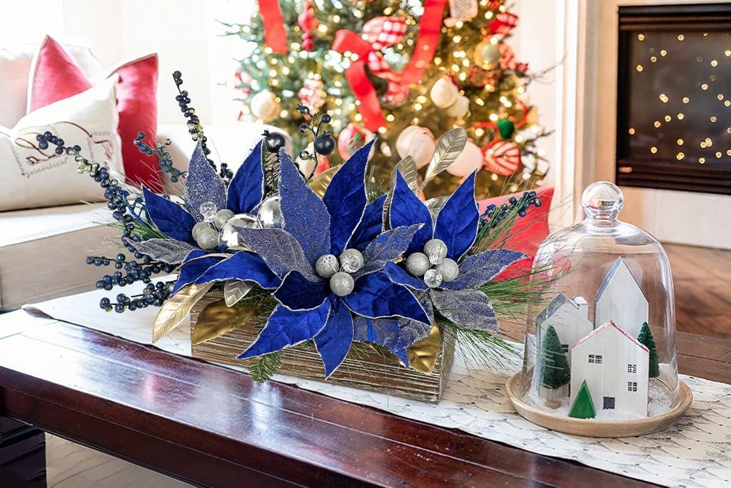 Hollyone Poinsettia Flowers Artificial in Pot 14inch Blue Poinsettias Christmas Flowers Potted Plants Arrangement with Wood Pot Berries Pine Cone Norfolk Pine for Table Centerpieces Xmas Home Decor