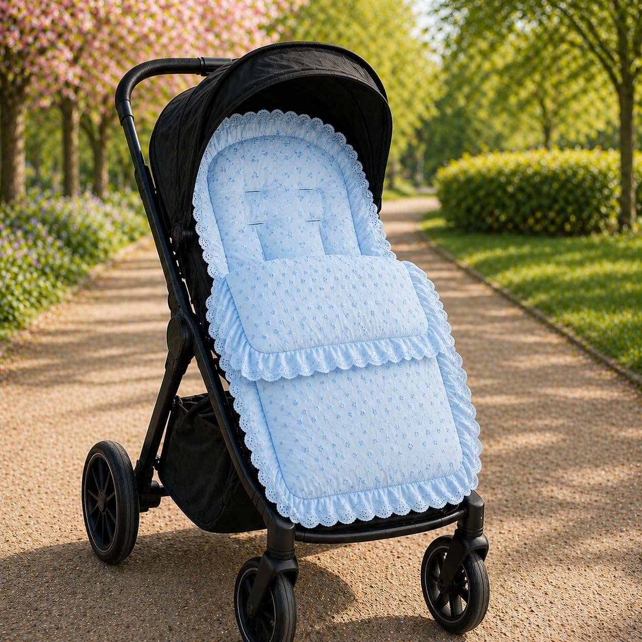 FYLO Universal Broderie Anglaise Pushchair Footmuff with Cosy Toes –Soft Frilly Liner with Lace Trim –Compatible with Egg - All Prams, Strollers, Buggies –Newborn to Toddler (Blue)