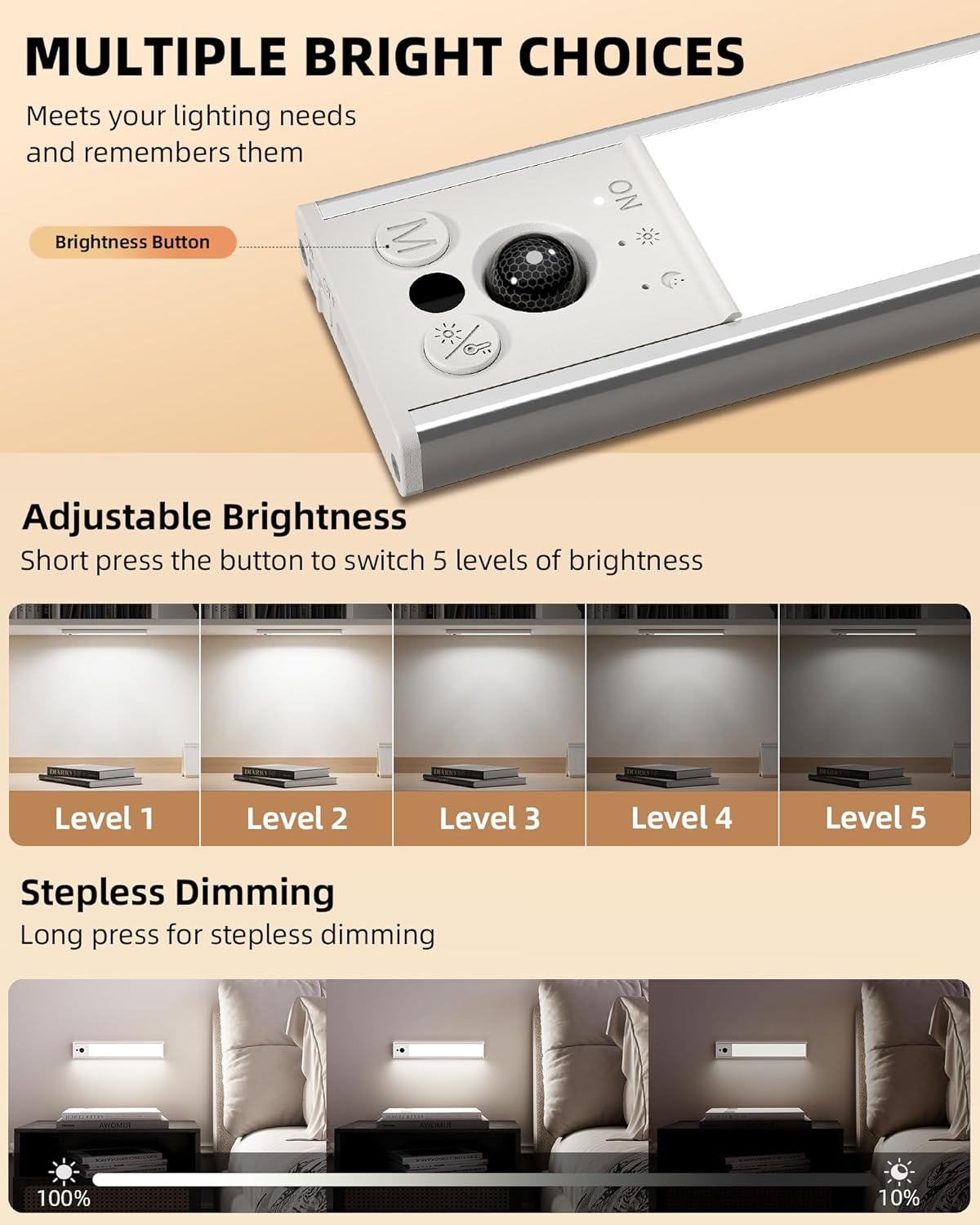 Image illustrating the brightness adjustment feature, showing five distinct brightness levels and a stepless dimming range from 10% to 100%.