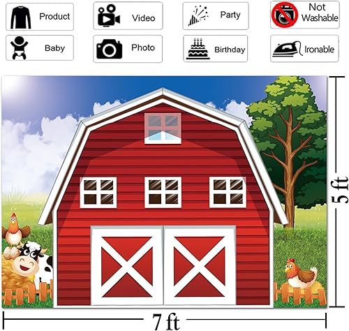 Miniatura 5 de Telón de fondo de fotografía de granja de dibujos animados de 7 x 5 pies, animales rojos, rústico, granero rojo, fondo para fotos de granero rojo