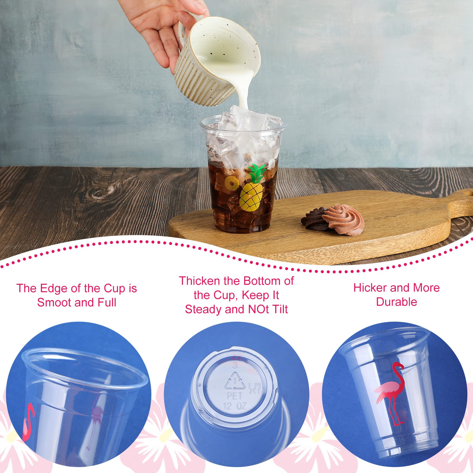100 Pack 12 oz Clear Disposable Luau Cups Hawaiian Flamingo Disposable Plastic Cups Pineapple Tropical Cups for Party Luau and Tiki Party Supplies for Birthday Bachelorette Drinkware Decorations