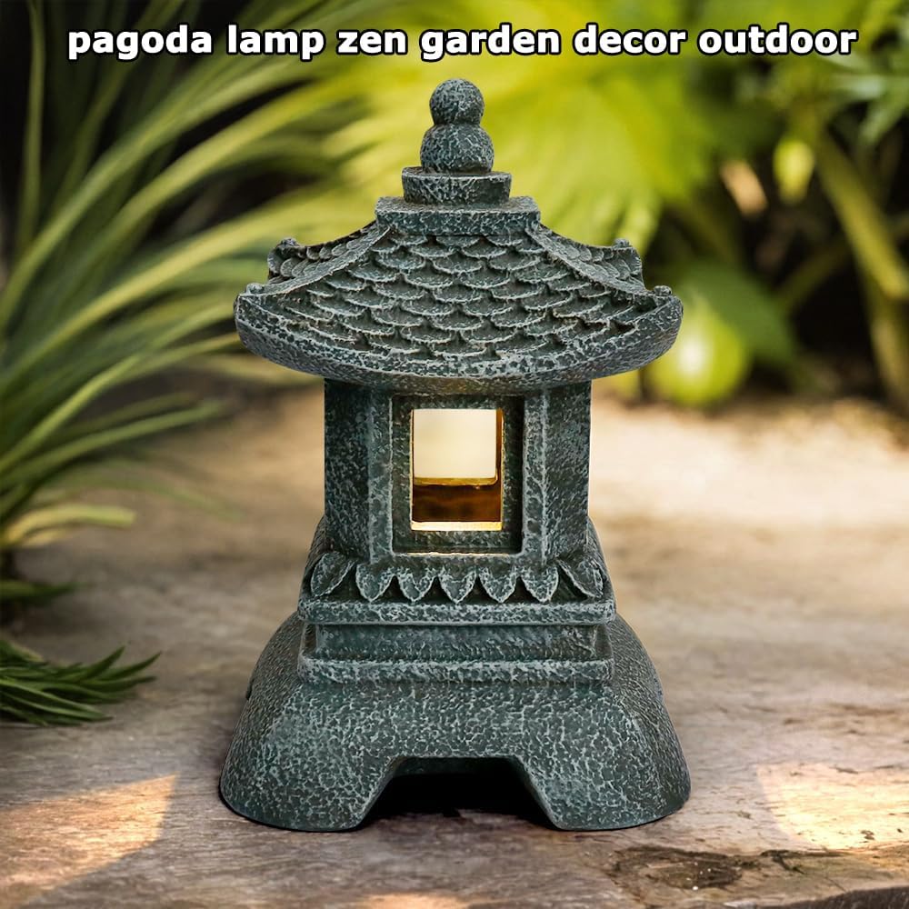 Solar Pagoda Decors Garden Statues, Zen Asian Outdoor Statues Accessories Japanese Pagoda Lamp Lantern for Garden Balcony Patio Porch Yard Art Ornament Decoration, 12 Inches