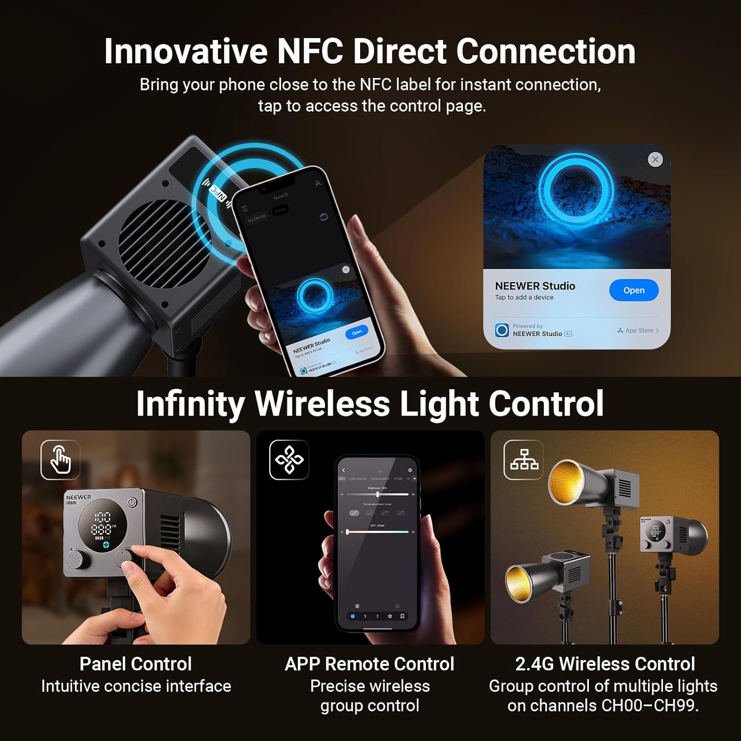 NEEWER 60W Mini LED Video Light with 50Wh Battery/100W PD Fast Charging, APP/2.4G Control/NFC, Bi Color Dimmable COB Studio Continuous Output Lighting 44,800 lux/1m 2700-6500K CRI97+ 12 Scenes, HB60B