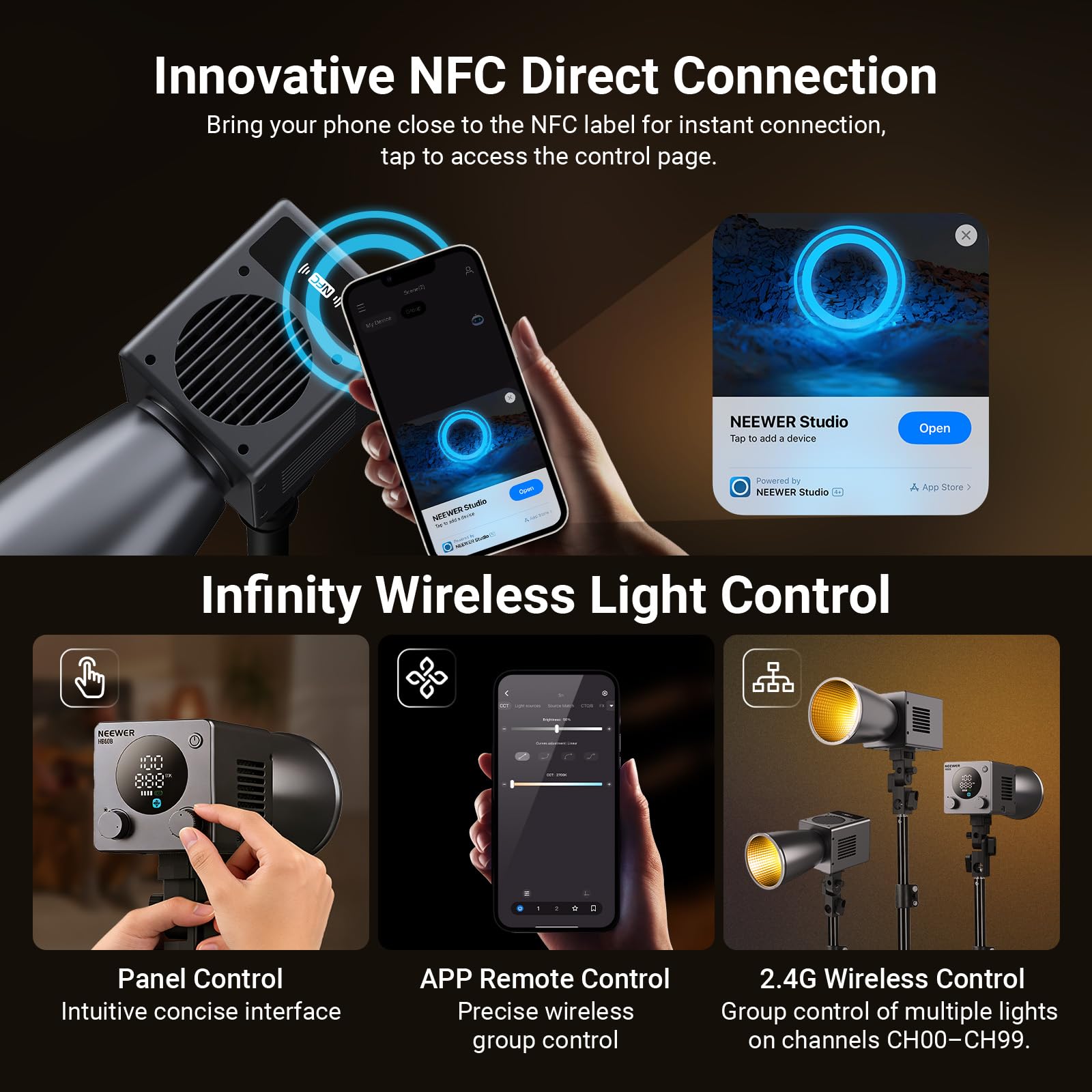 NEEWER 60W Mini lampa wideo LED i bateria 5 Wh/szybkie ładowanie PD 100 W, aplikacja/sterowanie 2,4 GHz/NFC, dwukolorowe oświetlenie studyjne COB o zmiennej intensywności, ciągły strumień świetlny od