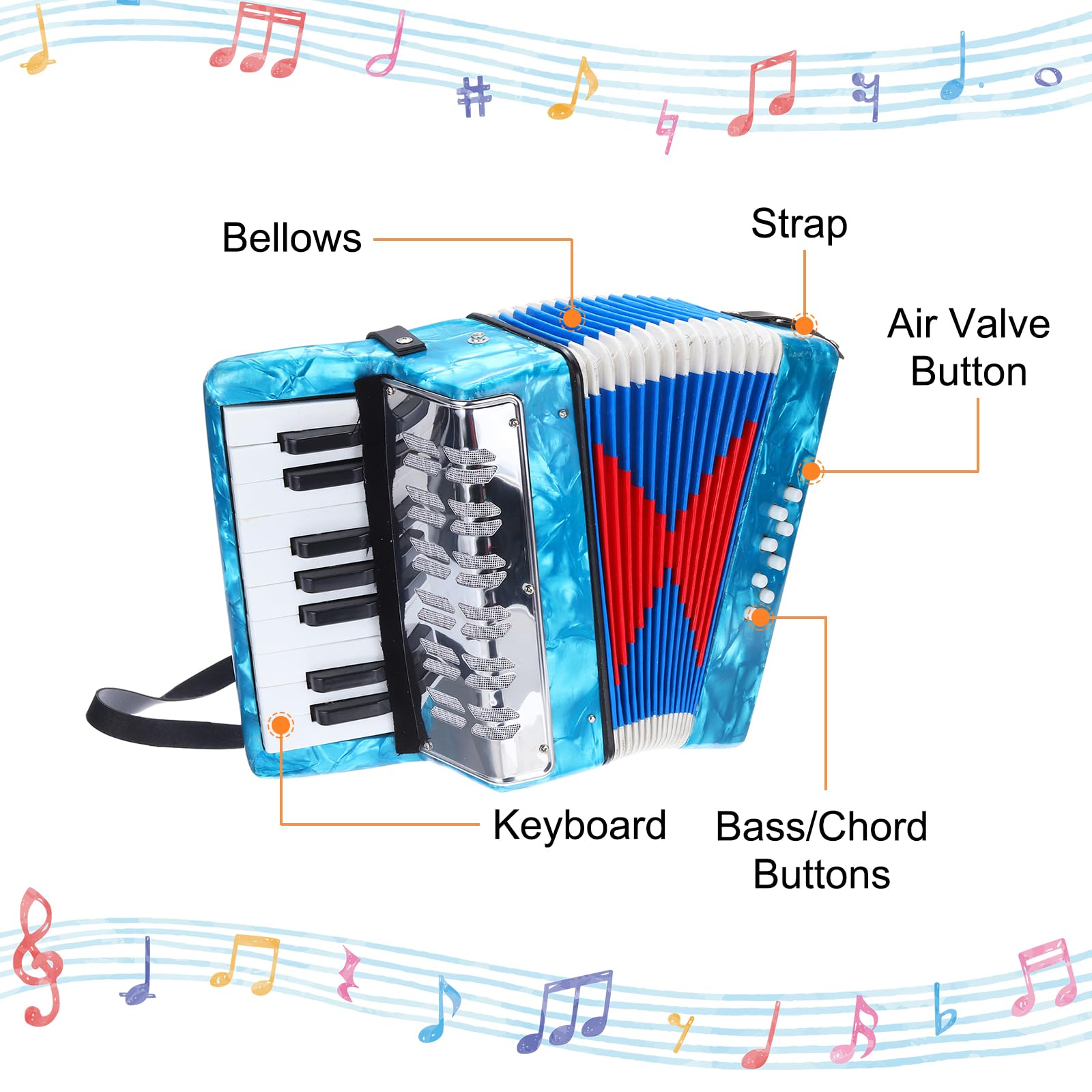 sourcing map Fisarmonica, 17 tasti, 8 tasti basso, mini strumento musicale leggero per bambini principianti educativo, blu cielo
