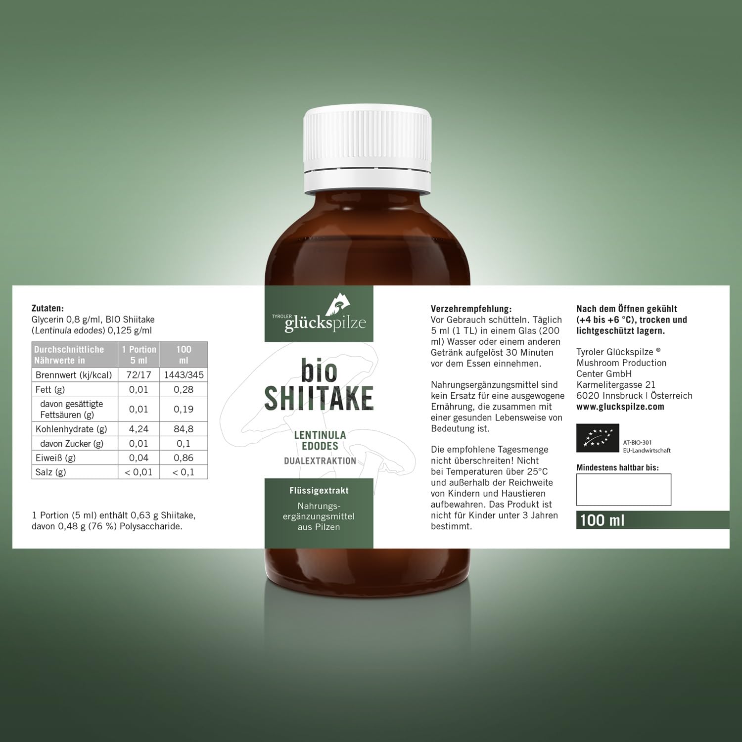 Bio Shiitake Flüssigextrakt hochkonzentriert - Dual-Extrakt auf Glycerin Basis - hochdosiert, alkoholfrei - 100 ml - Lentinula edodes Vitalpilze Extrakt - AT-BIO-701