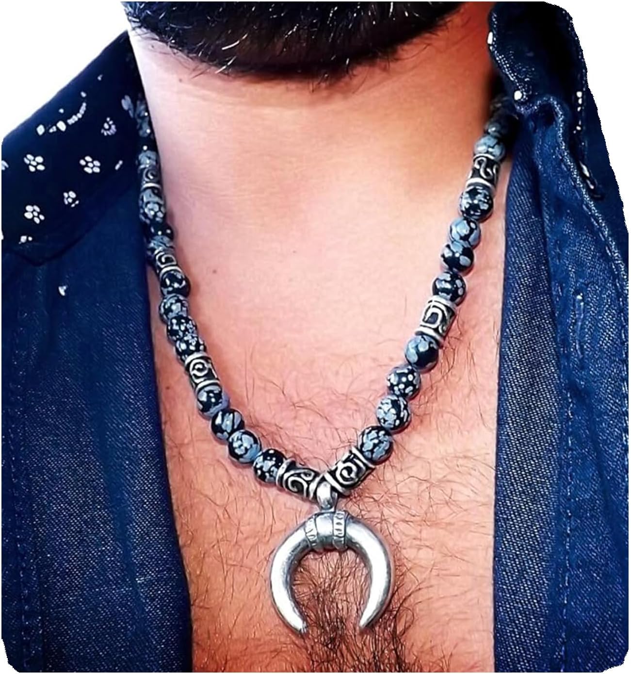 Liliya Jewelry Mens Snowflake Obsidian Necklace – Natural Black & White Gemstone Beads with Silver Crescent Moon Pendant – Tribal Surfer Jewelry – 22.5 Inch