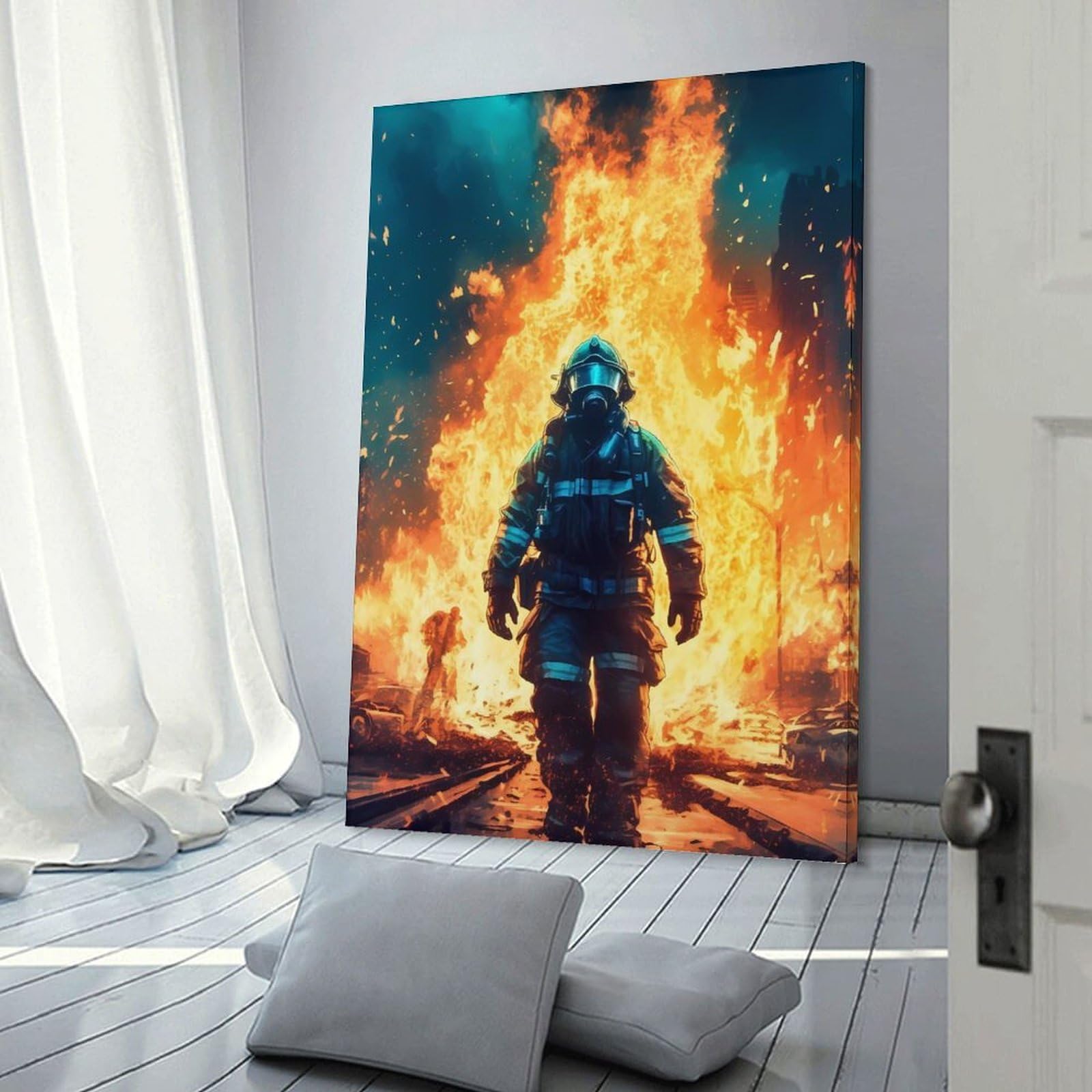 Junmoney Firefighter Fire Wall Decor Canvas Print 16x24inch(40x60cm), for Lounge, Study, Hallway Or Flat Walls, Decorative Artwork with Broad Appeal