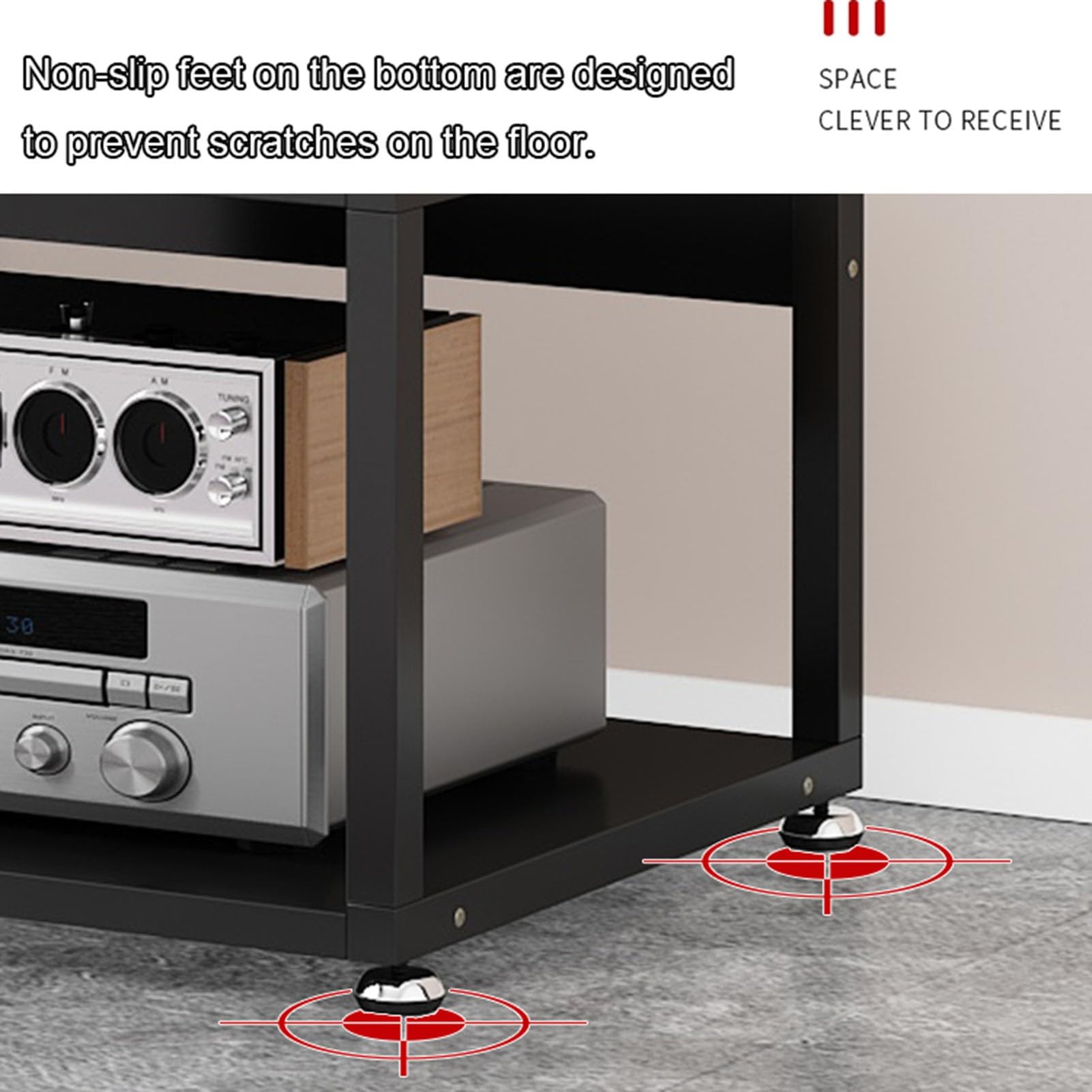 Wielofunkcyjny 4-poziomowy stojak na media AV, stylowy drewniany stojak audio, stojąca, narożna szafka pod telewizor do odtwarzacza CD i stereo, otwarta półka do przechowywania (kolor: A, rozmiar 55 x