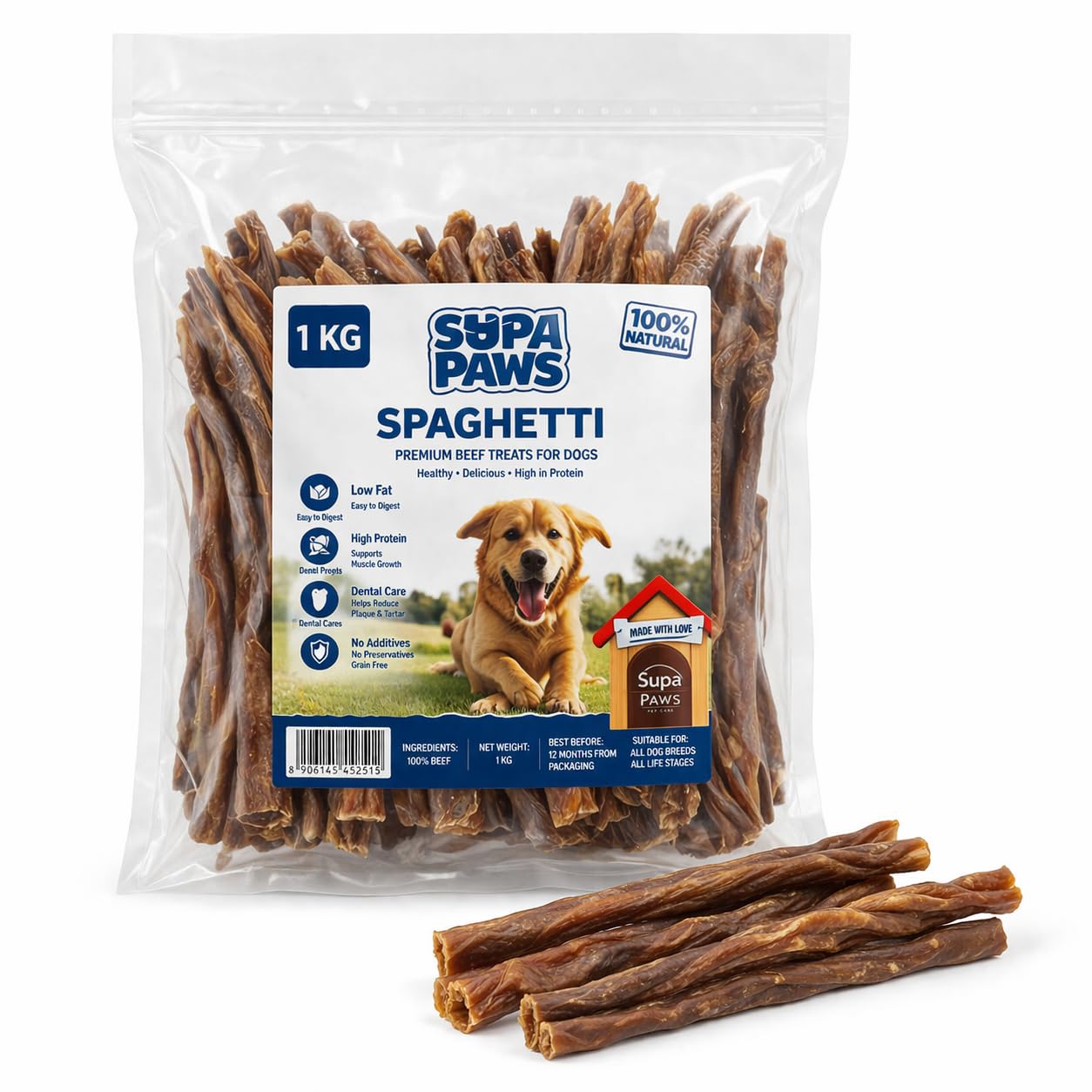 Supa Paws 1Kg 100% Natural Beef Spaghetti for Dog, Air Dried Long Beef Intestine Treat for Dog Long Lasting Dog Chews, Grain Free Dog Beef Sticks Single Ingredient Dog Snacks