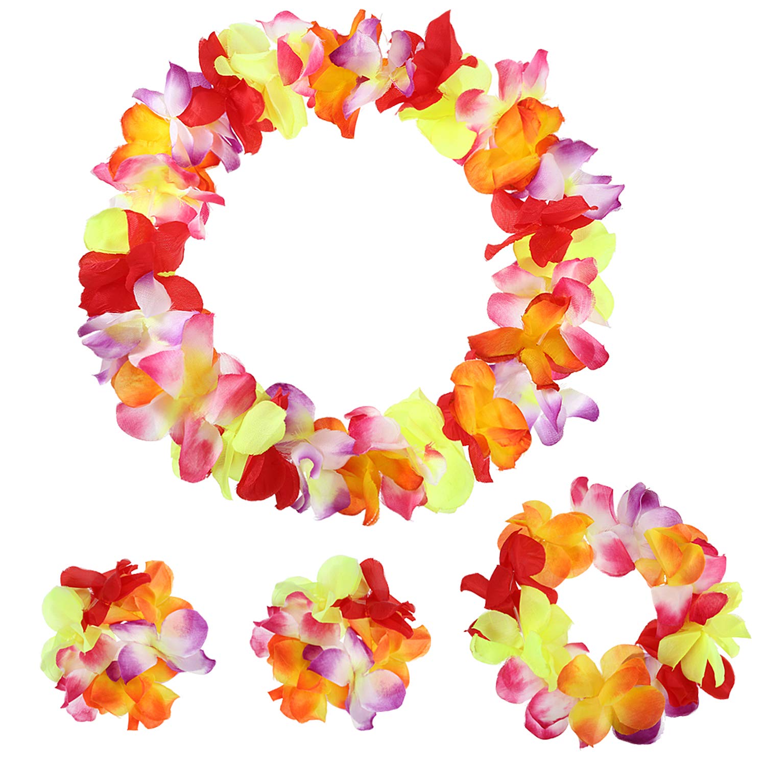 7 Pcs Luau Outfits Hawaiian Aloha Flower Leaf Grass Hula Skirt Leis Set Hairclip Sunglasses Garland for Tropical Party (Warm Orange Mix)