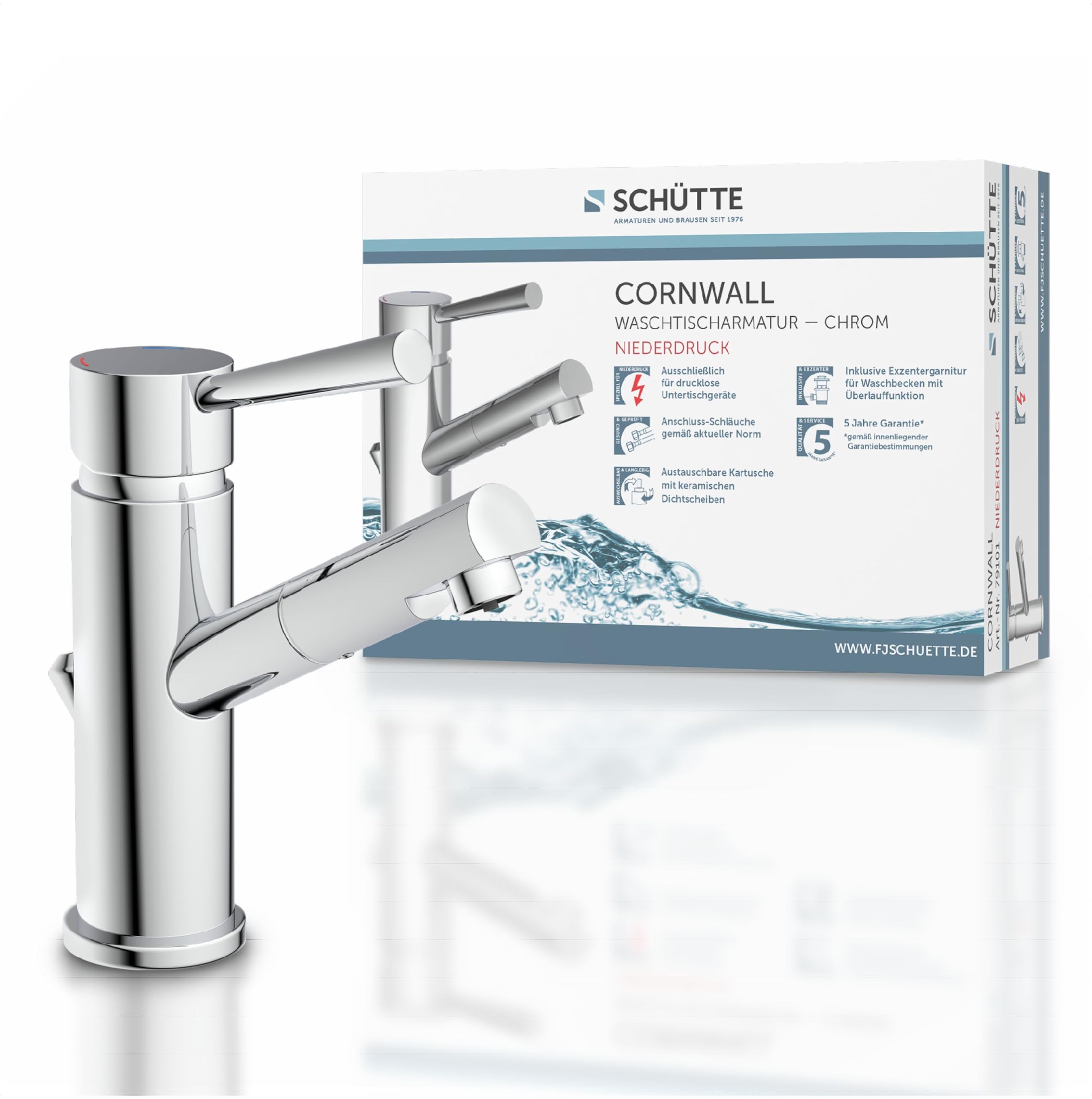 Mezclador de lavabo SCHÜTTE CORNWALL de baja presión, mezclador de baño, monomando con desagüe automático, cromado